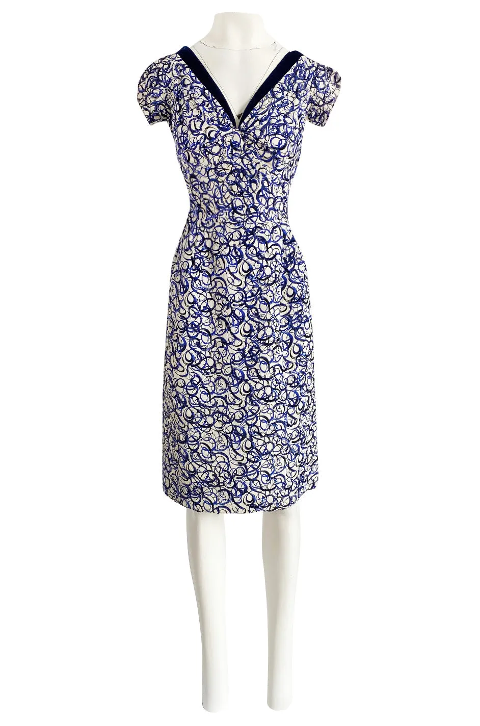 1940s Hand Painted Blue & White Silk Swing Dress w Swirling Sequin Detailing