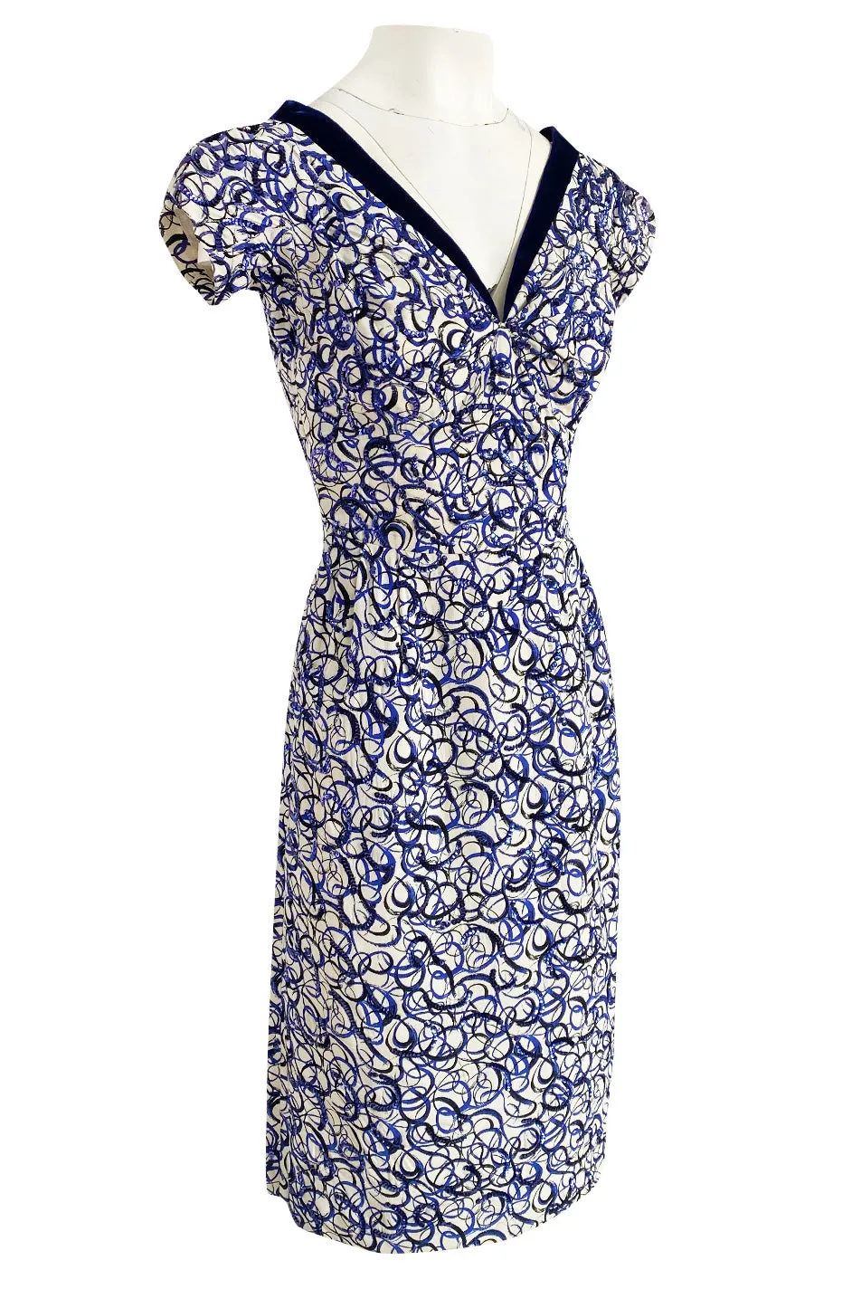 1940s Hand Painted Blue & White Silk Swing Dress w Swirling Sequin Detailing