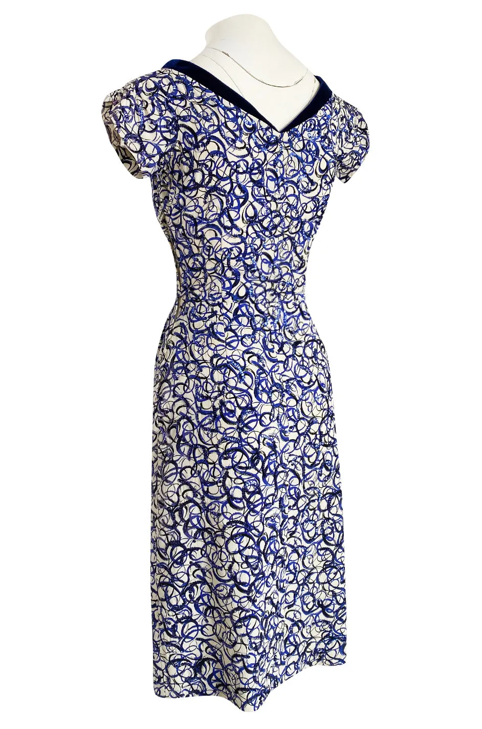 1940s Hand Painted Blue & White Silk Swing Dress w Swirling Sequin Detailing