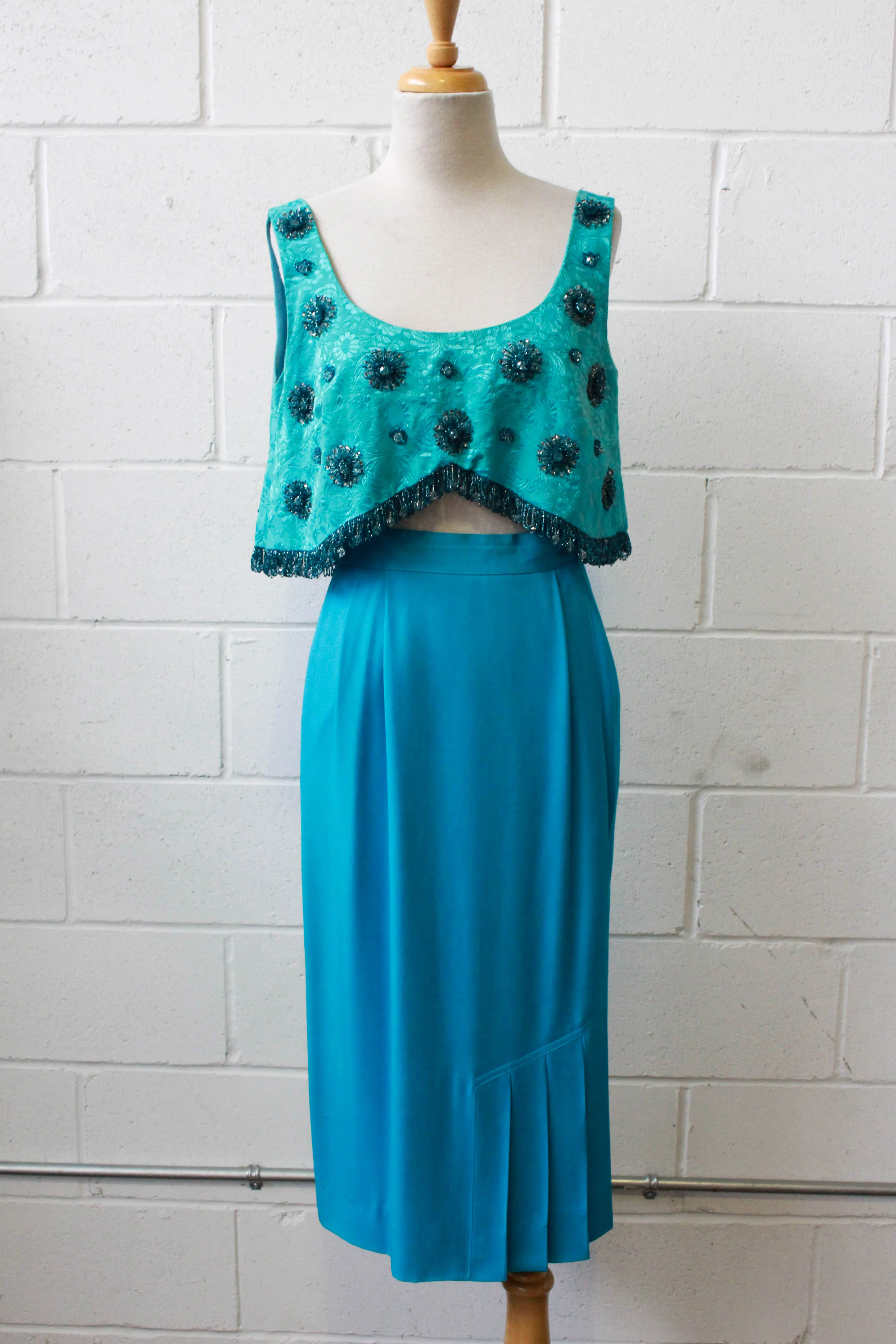 1980s Turquoise Pencil Skirt with Pleat Detail, Waist 26"