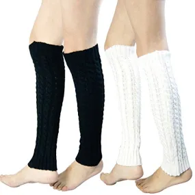 2 Pack of Womens Cable Knit Knee High Knitted Crochet Leg Warmers Long Socks White/Black,One Size