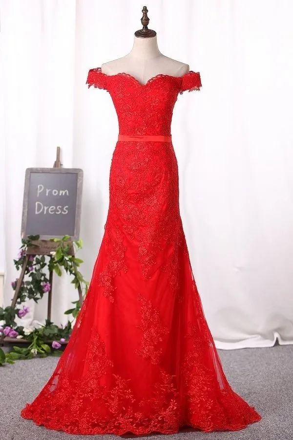 2024 Red Mermaid Prom Dresses Off The Shoulder Tulle With PQJMHFMK