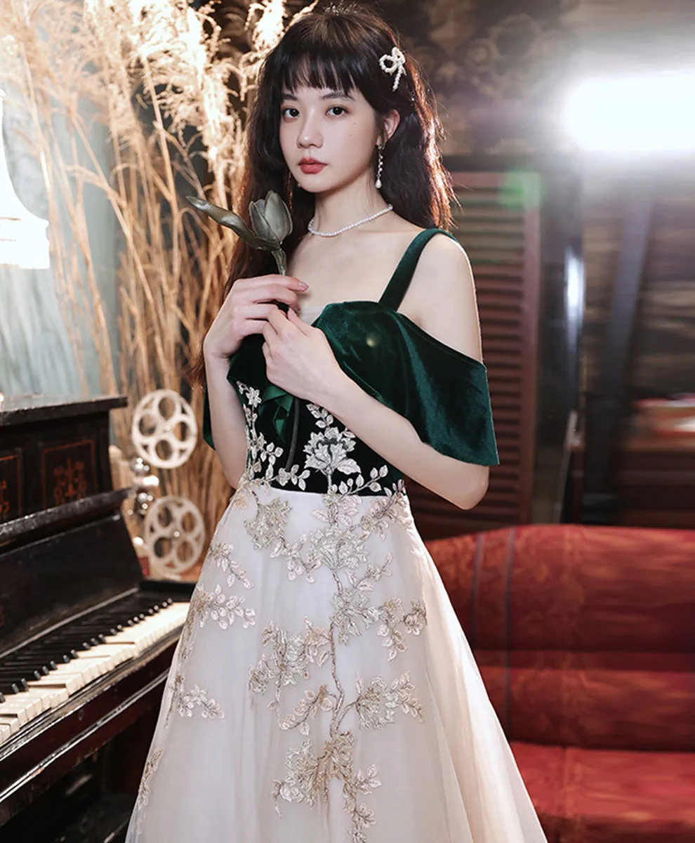 A line Green Tulle Lace Long Prom Dress, Green Formal Evening Party Dress