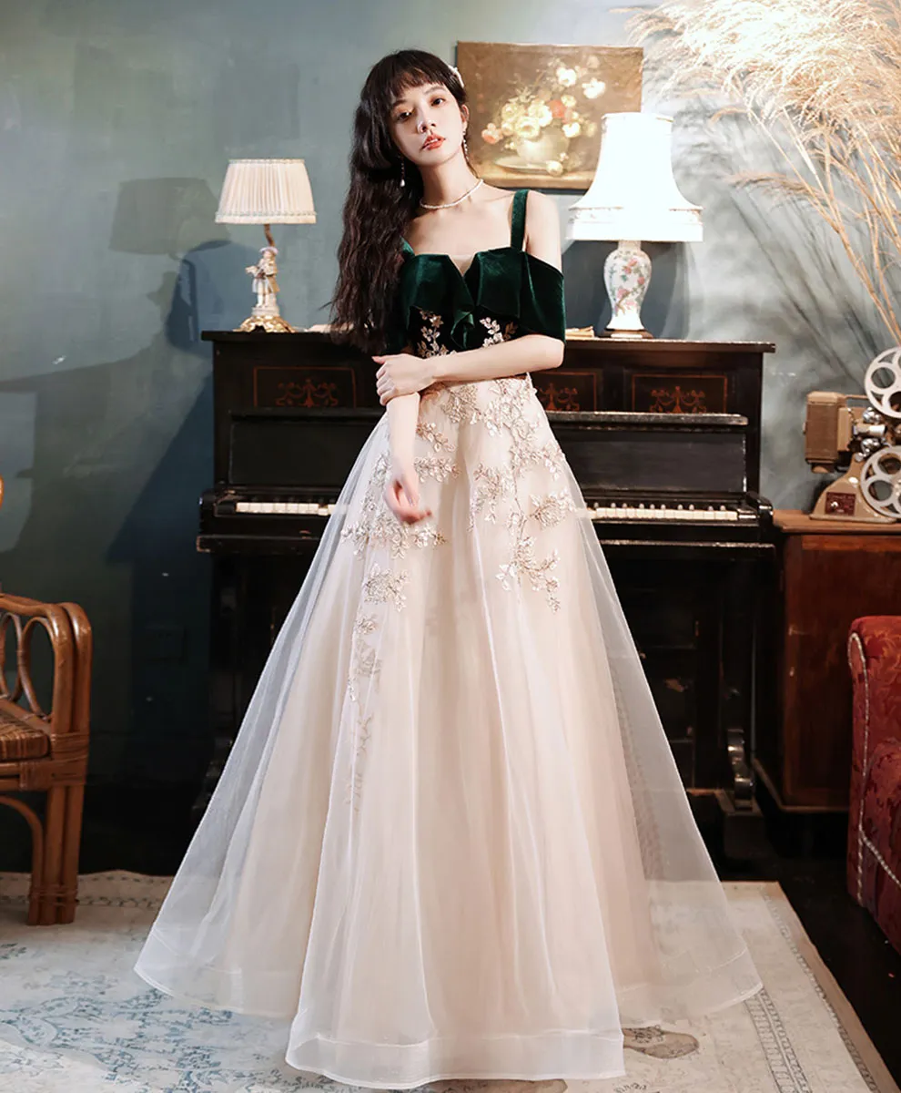 A line Green Tulle Lace Long Prom Dress, Green Formal Evening Party Dress