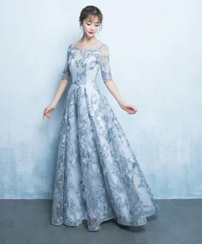 A Line Round Neck Tulle Gray Long Prom Dress, Formal Dress