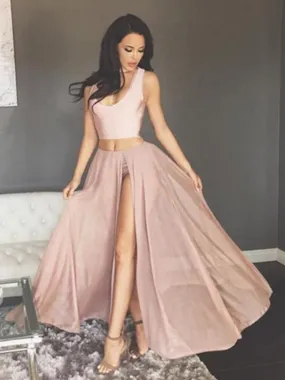 A Line Scoop Neck Two Pieces Chiffon Pink Long Prom Dresses with High Slit, Two Pieces Pink Formal Dresses, Graduation Dresses