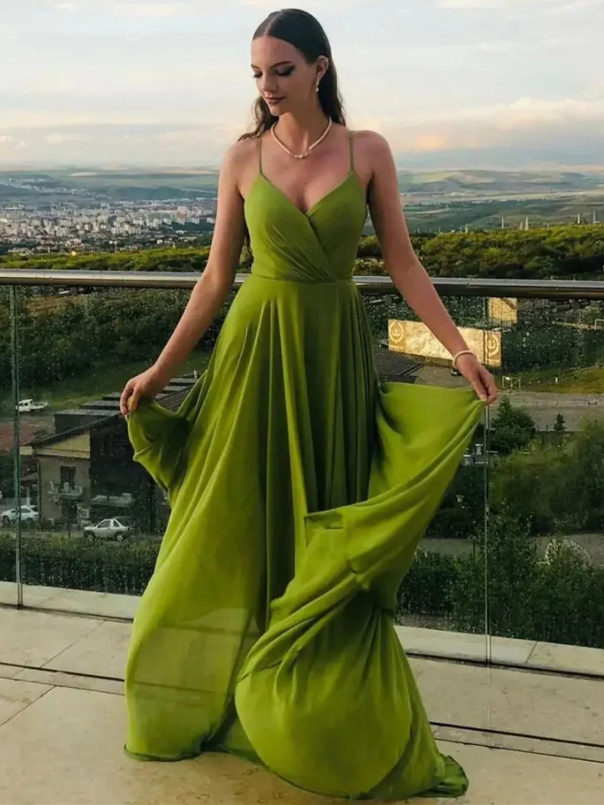 A Line V Neck Green Chiffon Long Prom Dresses with Leg Slit, V Neck Green Formal Graduation Evening Dresses SP2423