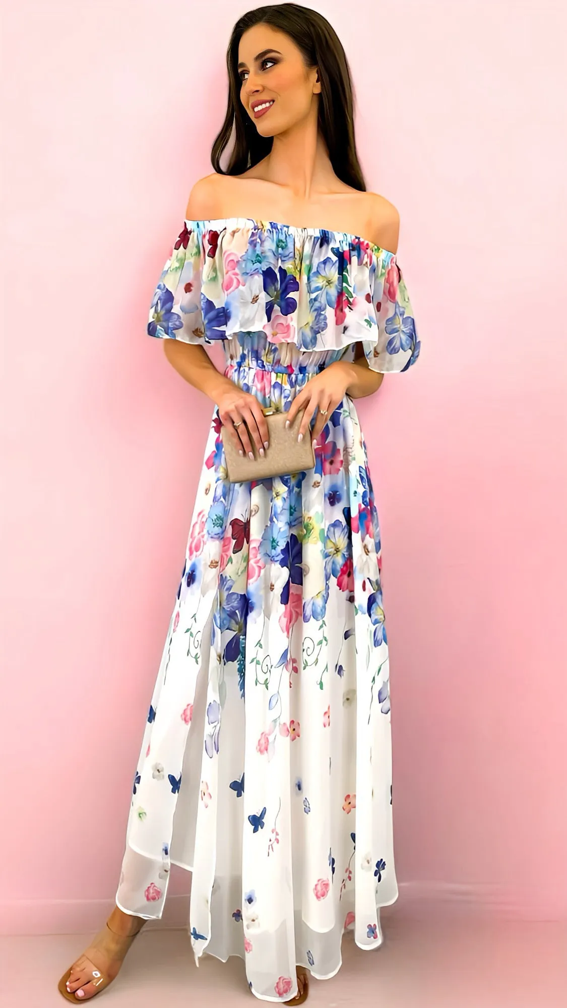 A1770 Azka Bardot Maxi Dress (Blue Floral)