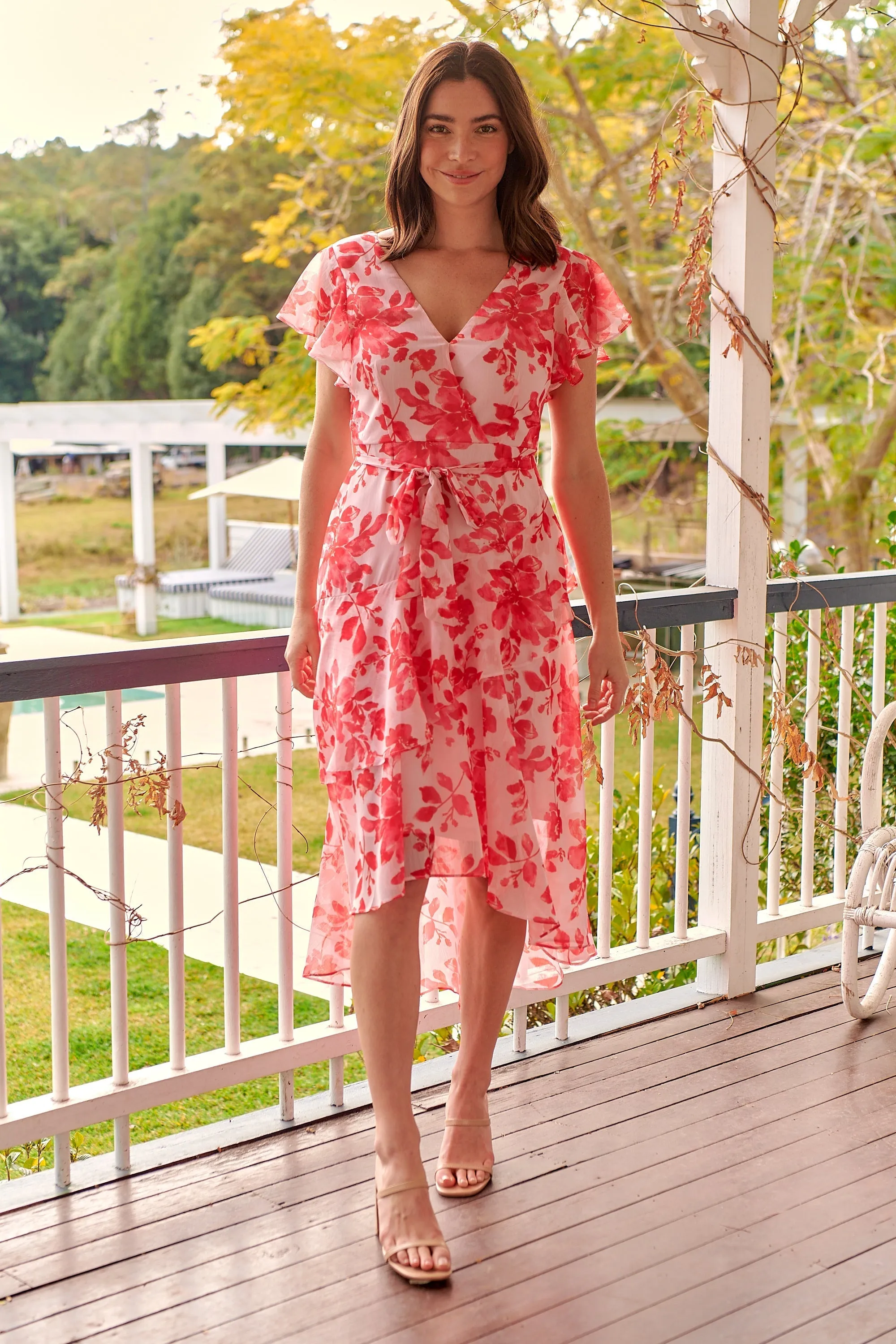 Aida Pink/Red Floral Print Frill Evening Dress