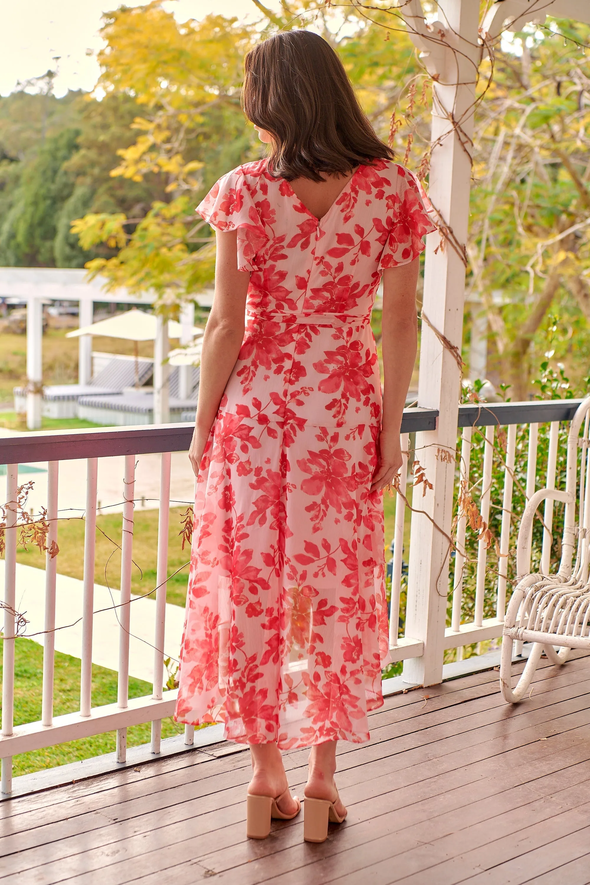 Aida Pink/Red Floral Print Frill Evening Dress