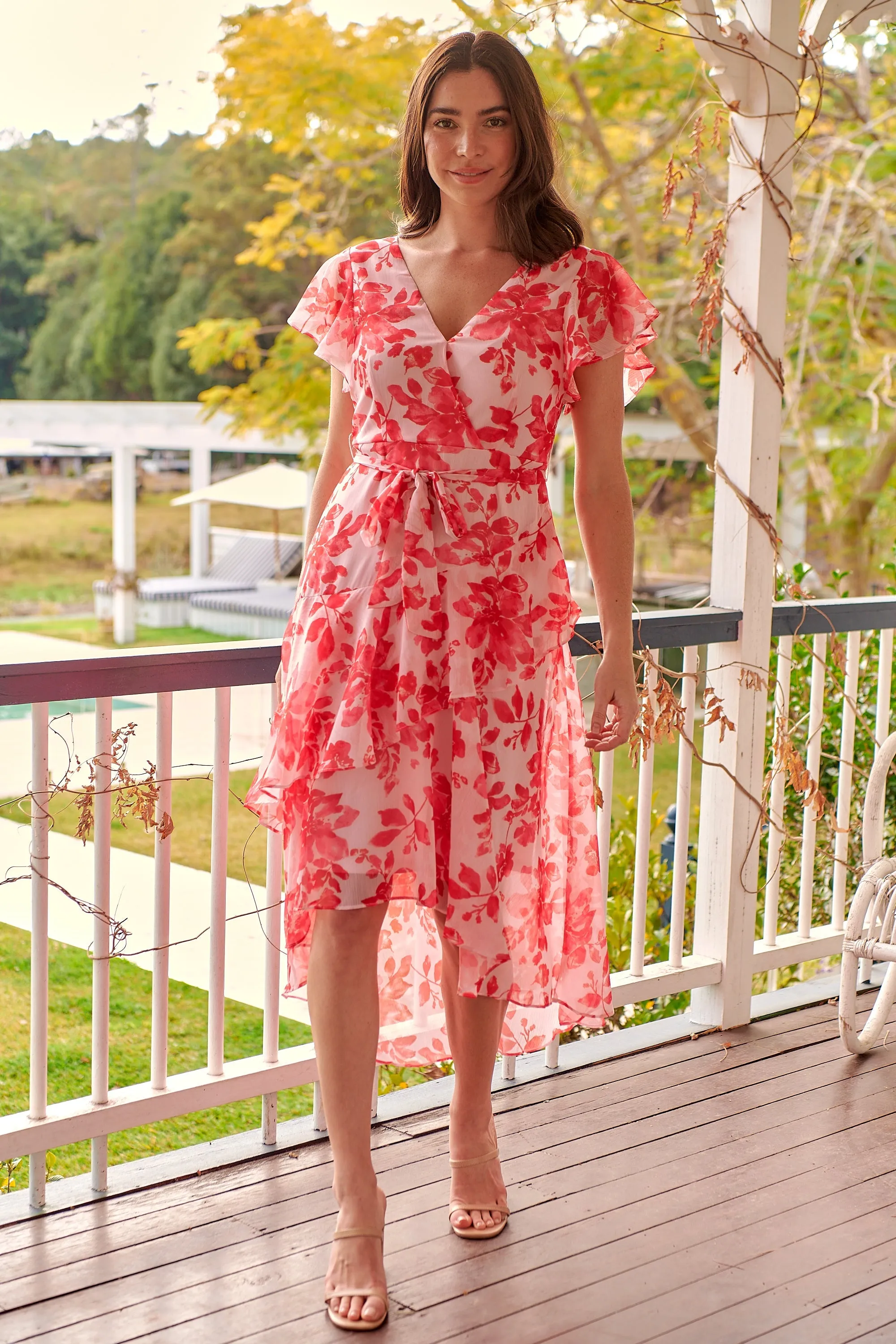 Aida Pink/Red Floral Print Frill Evening Dress