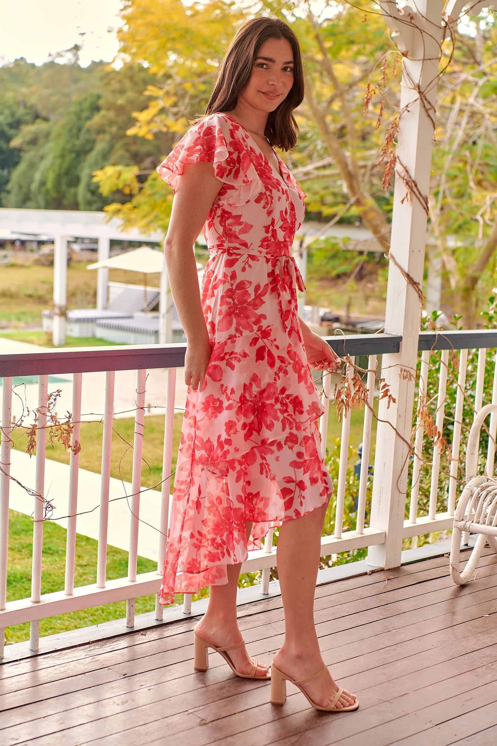 Aida Pink/Red Floral Print Frill Evening Dress