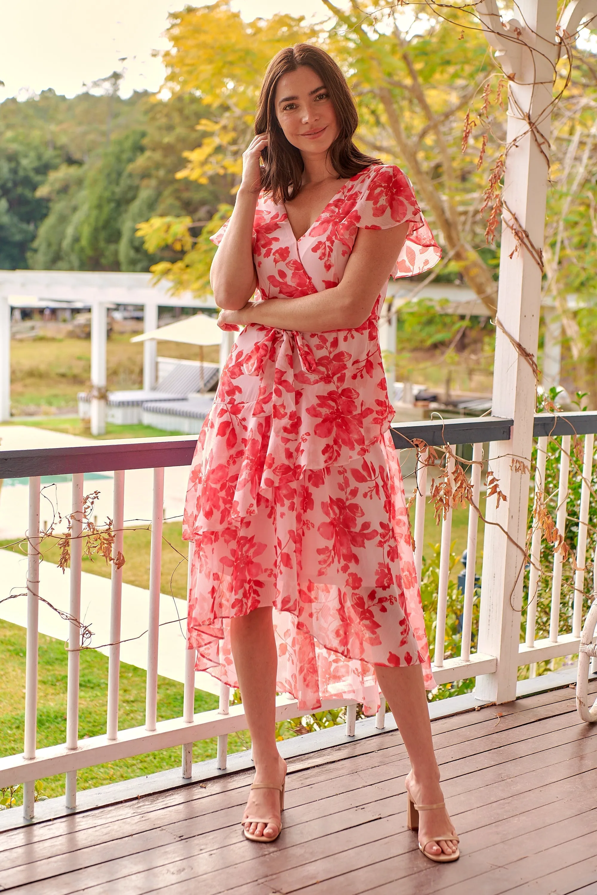 Aida Pink/Red Floral Print Frill Evening Dress