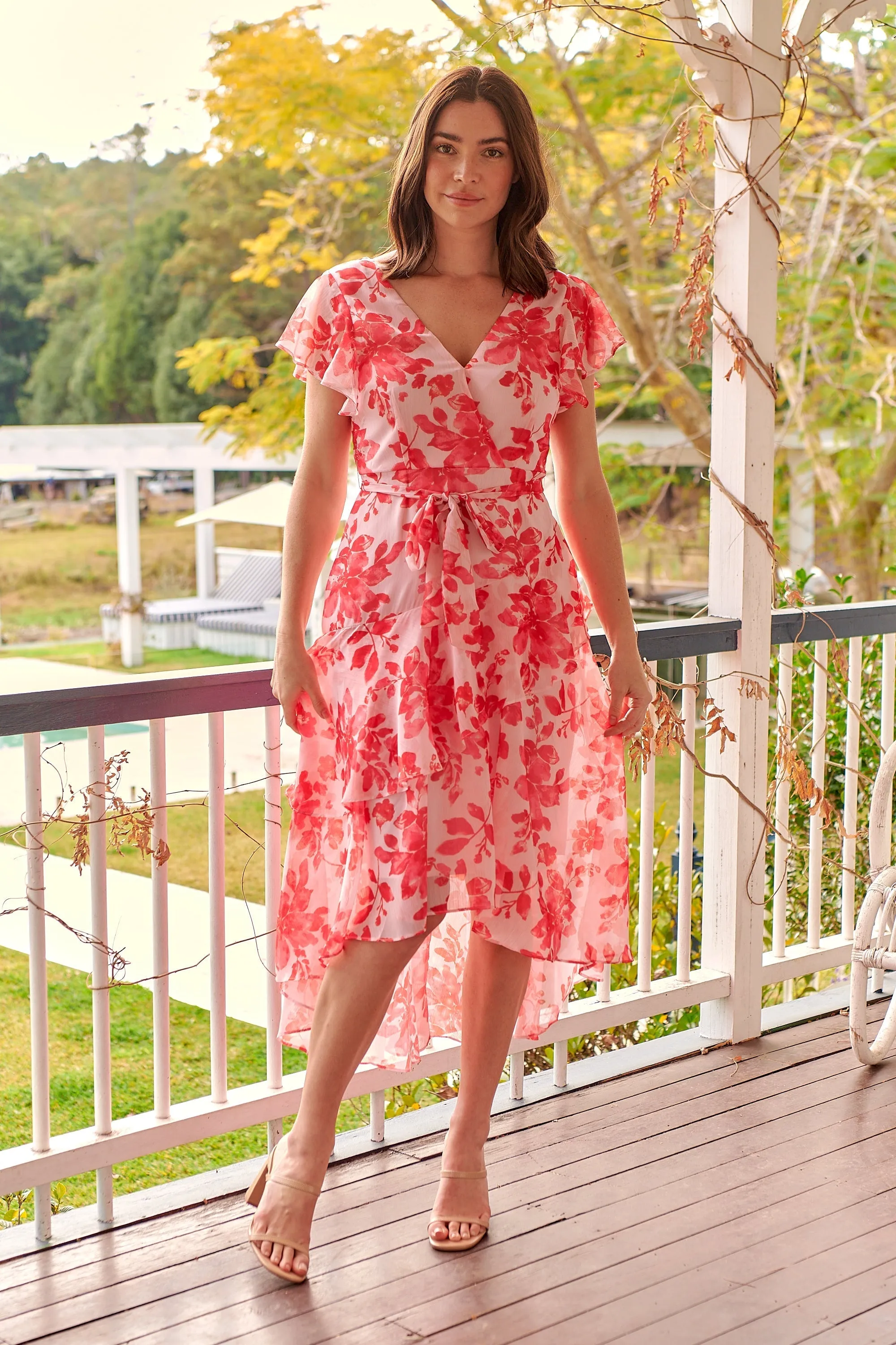 Aida Pink/Red Floral Print Frill Evening Dress