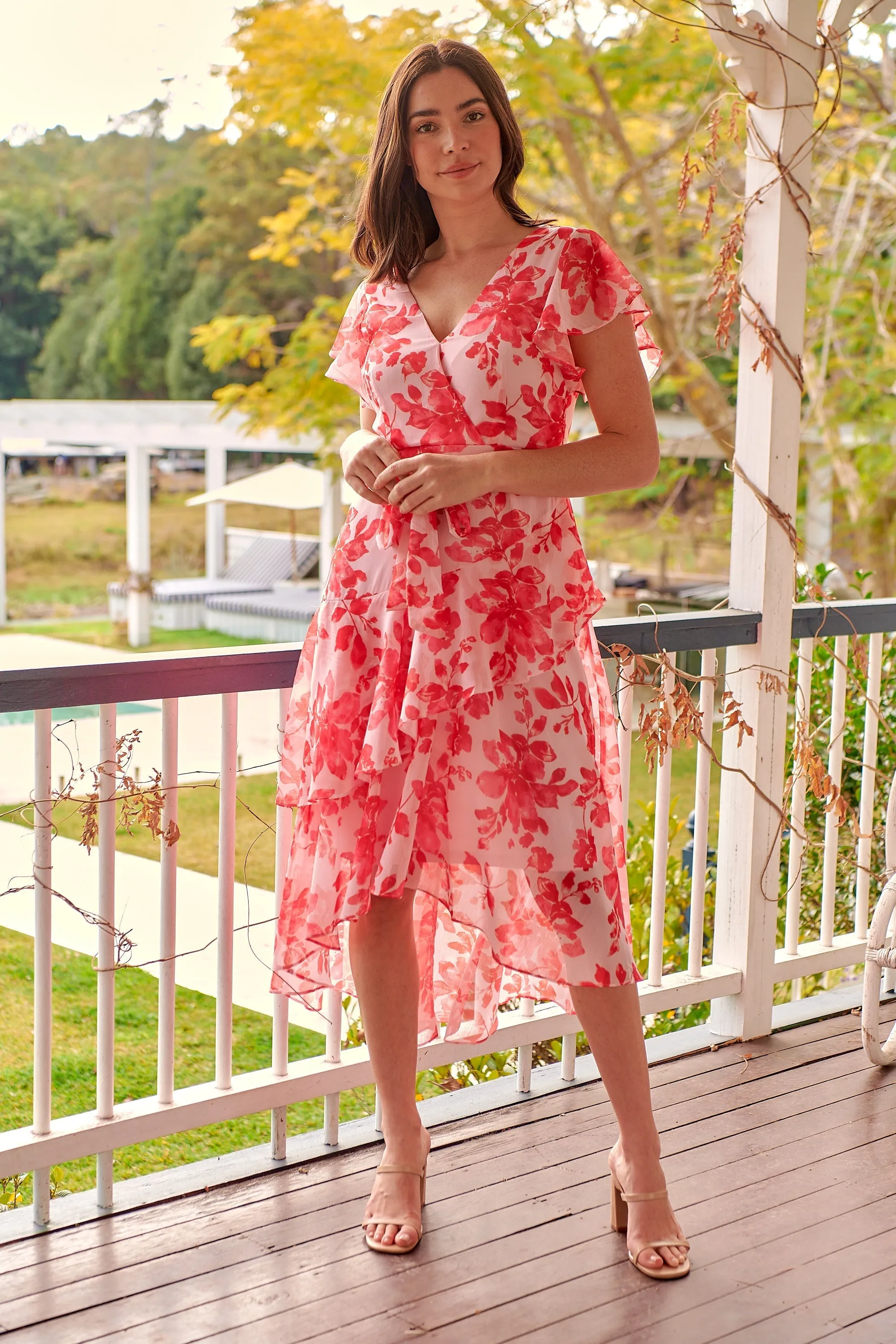 Aida Pink/Red Floral Print Frill Evening Dress