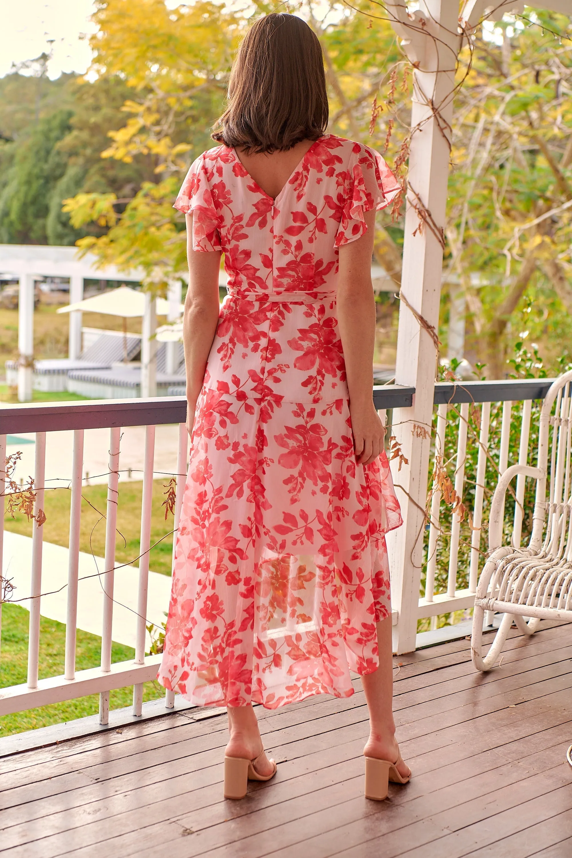 Aida Pink/Red Floral Print Frill Evening Dress