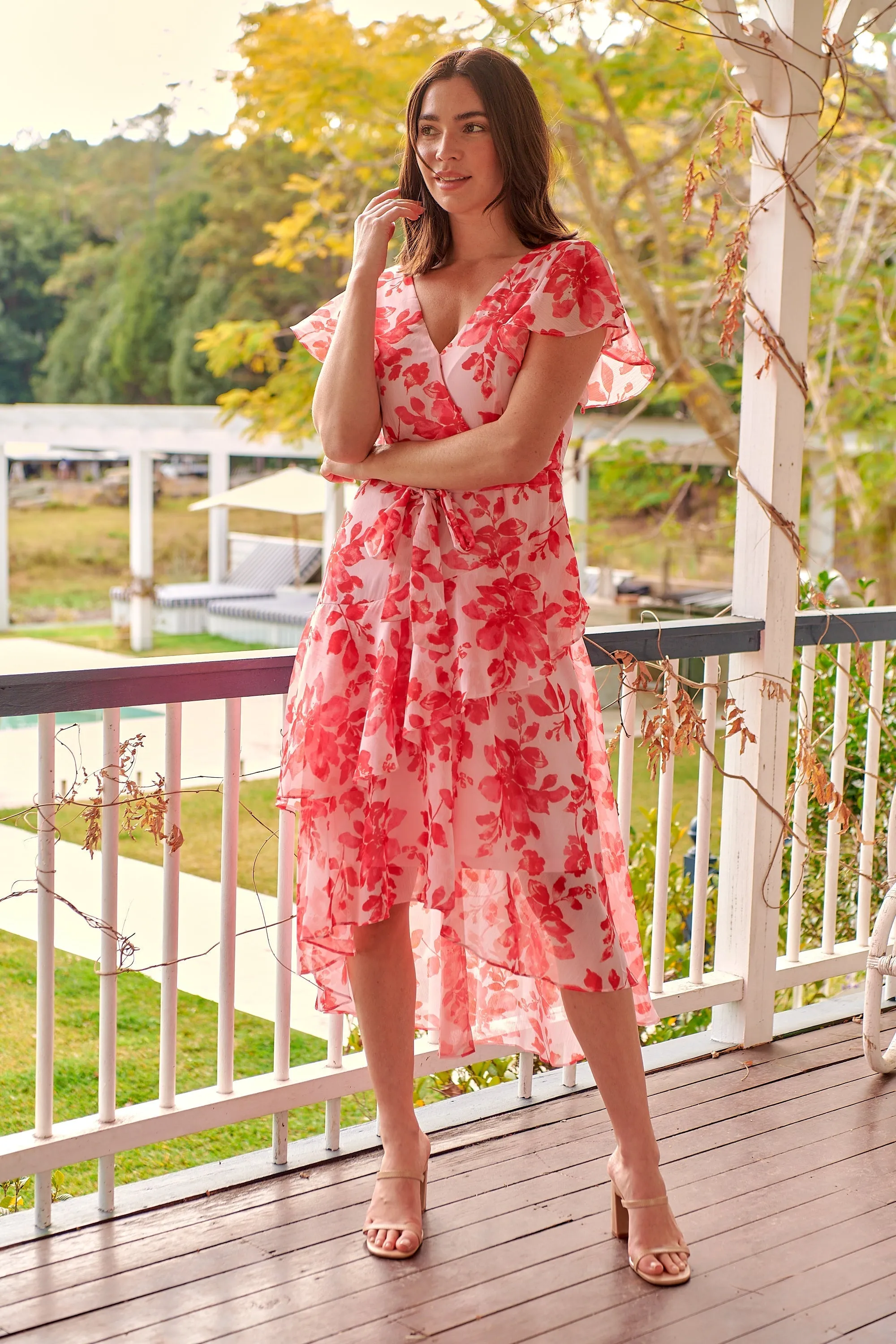 Aida Pink/Red Floral Print Frill Evening Dress