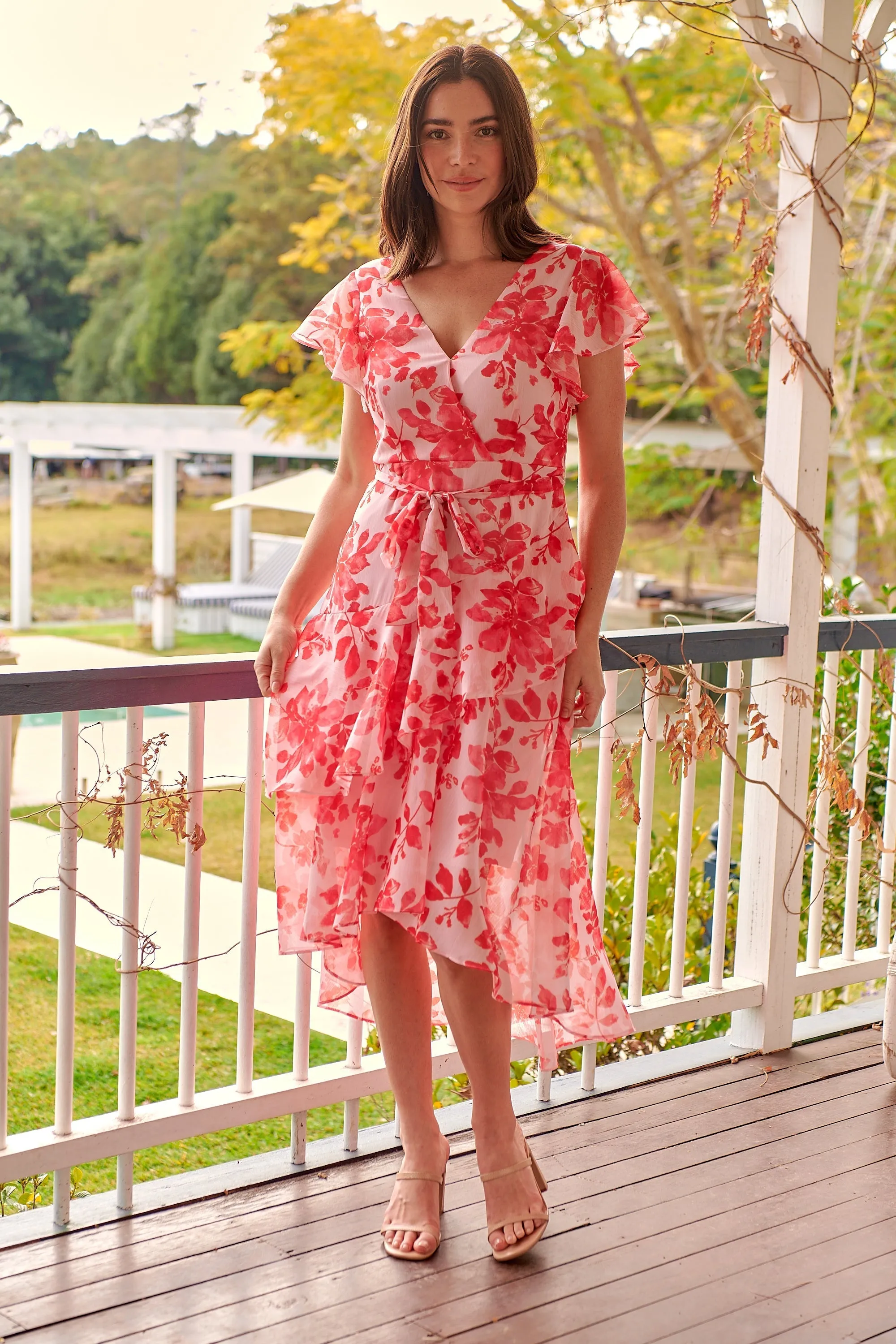 Aida Pink/Red Floral Print Frill Evening Dress