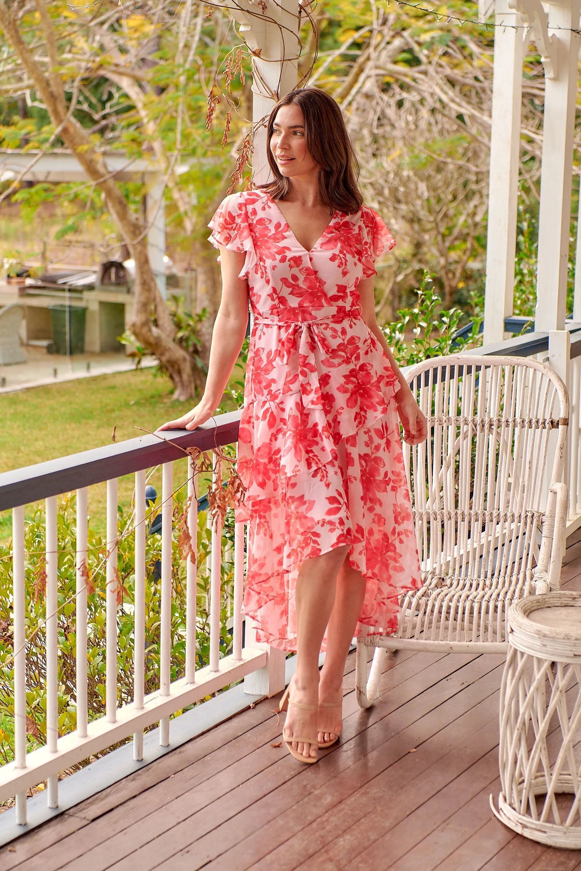 Aida Pink/Red Floral Print Frill Evening Dress