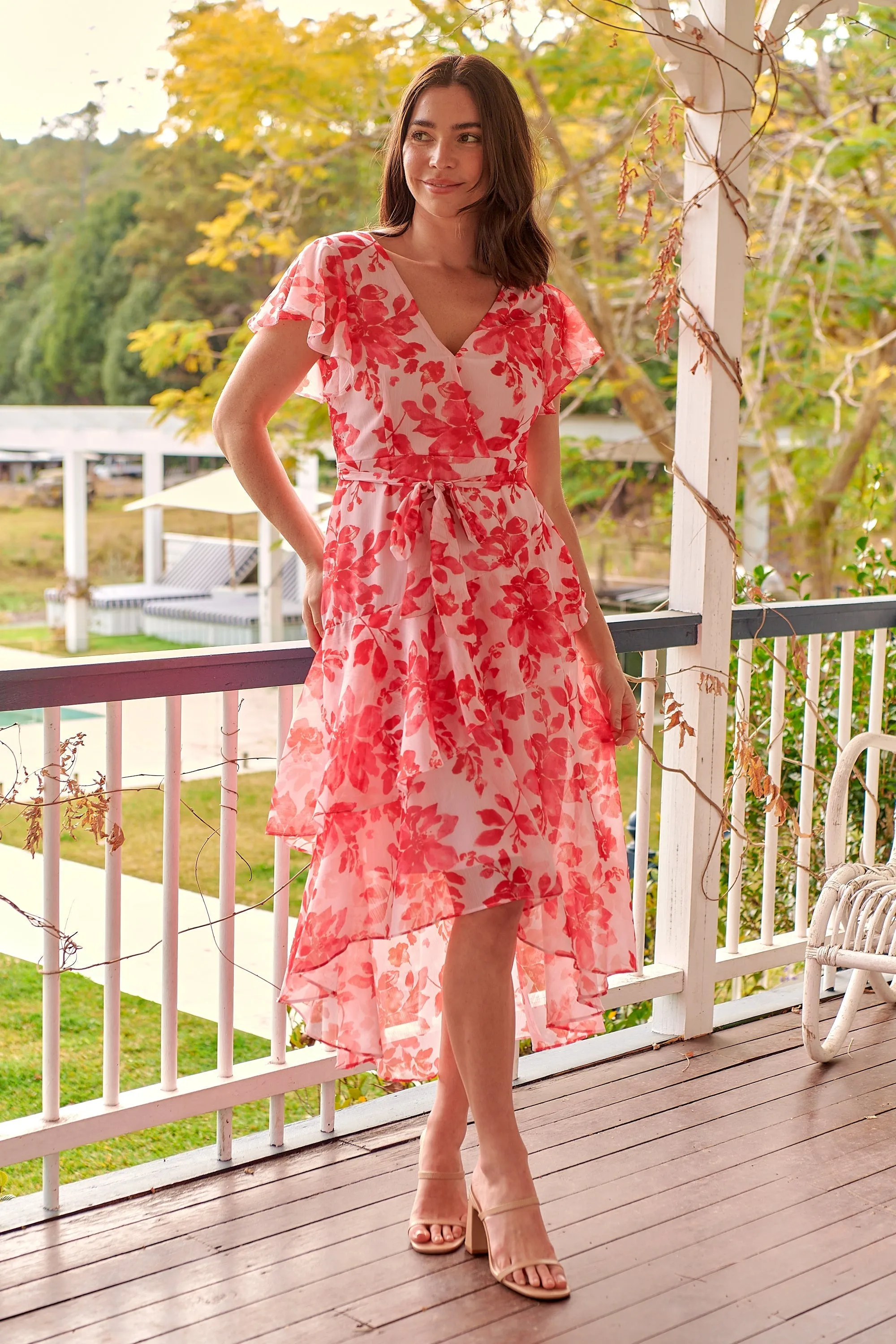 Aida Pink/Red Floral Print Frill Evening Dress