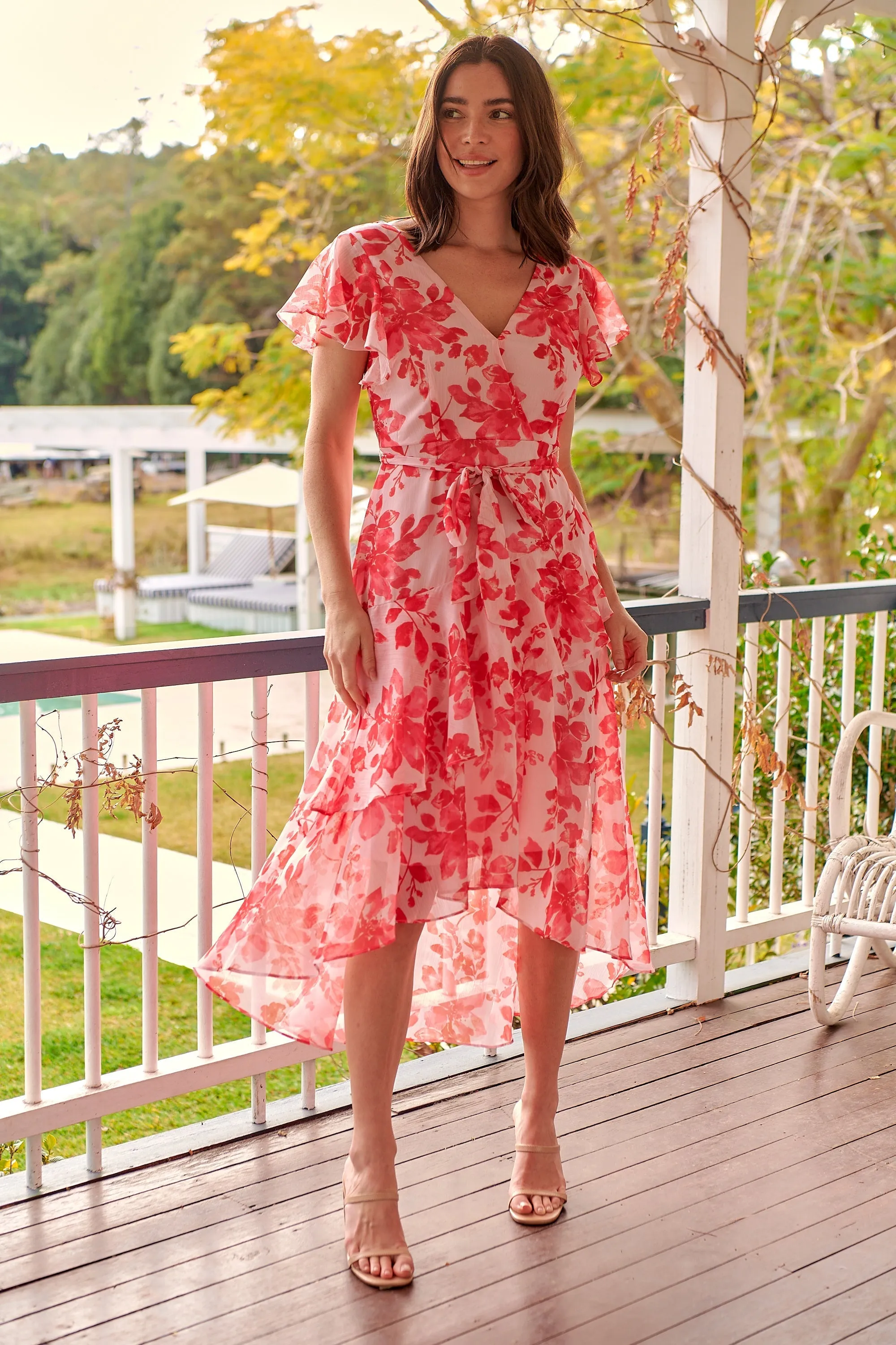 Aida Pink/Red Floral Print Frill Evening Dress