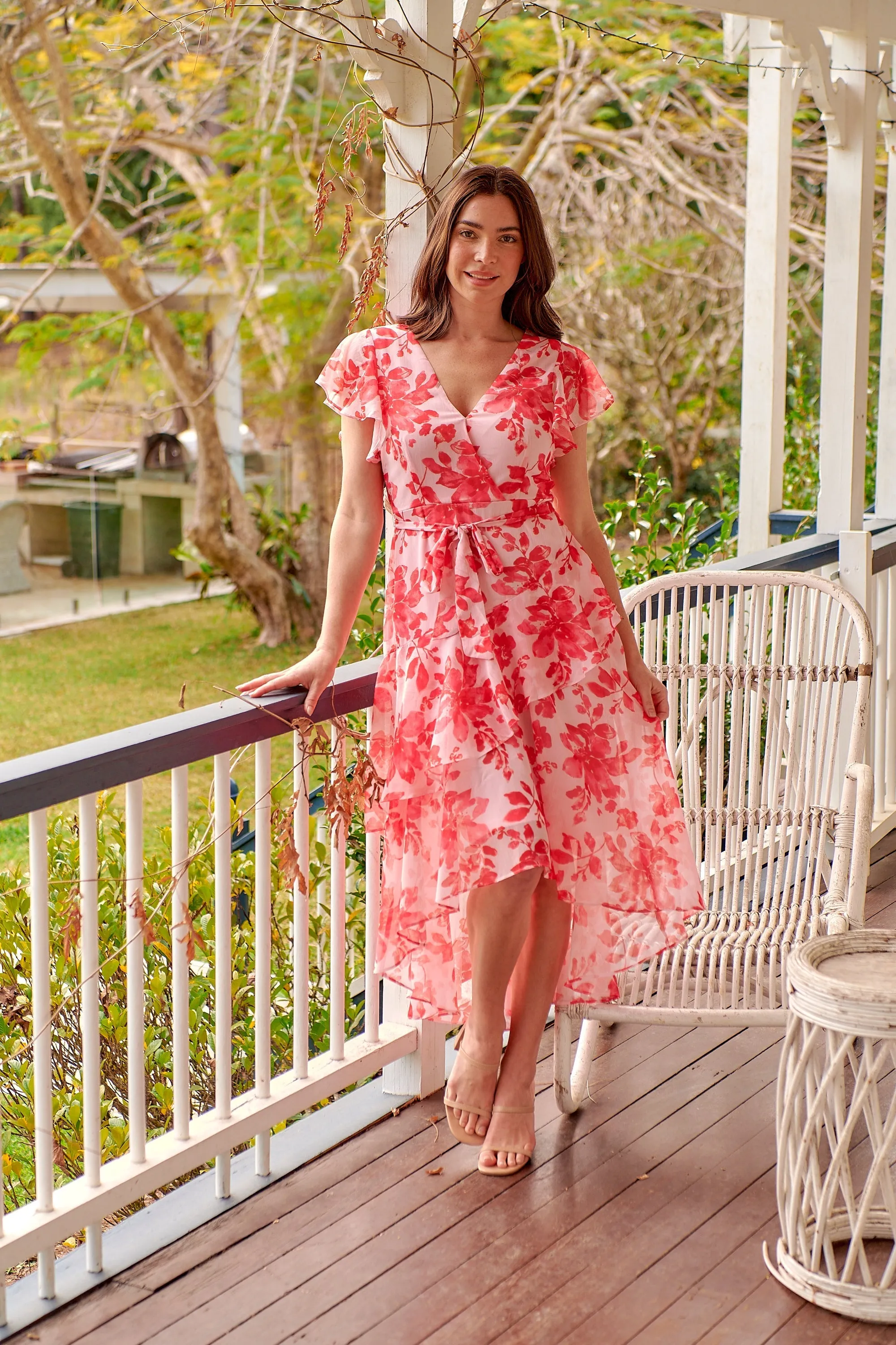 Aida Pink/Red Floral Print Frill Evening Dress