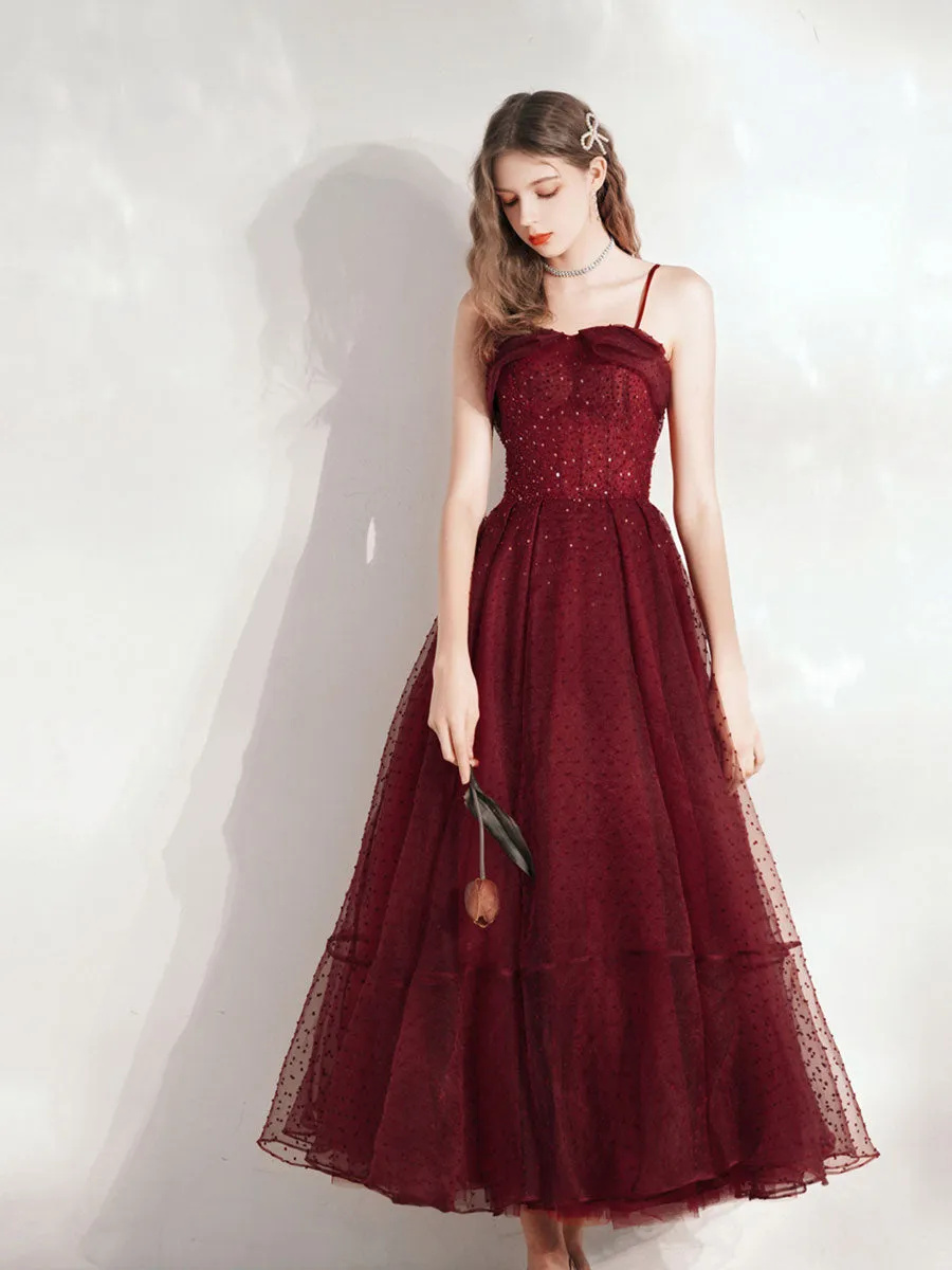 Aline Tea Length Burgundy Prom Dress, Burgundy Homecoming Dress