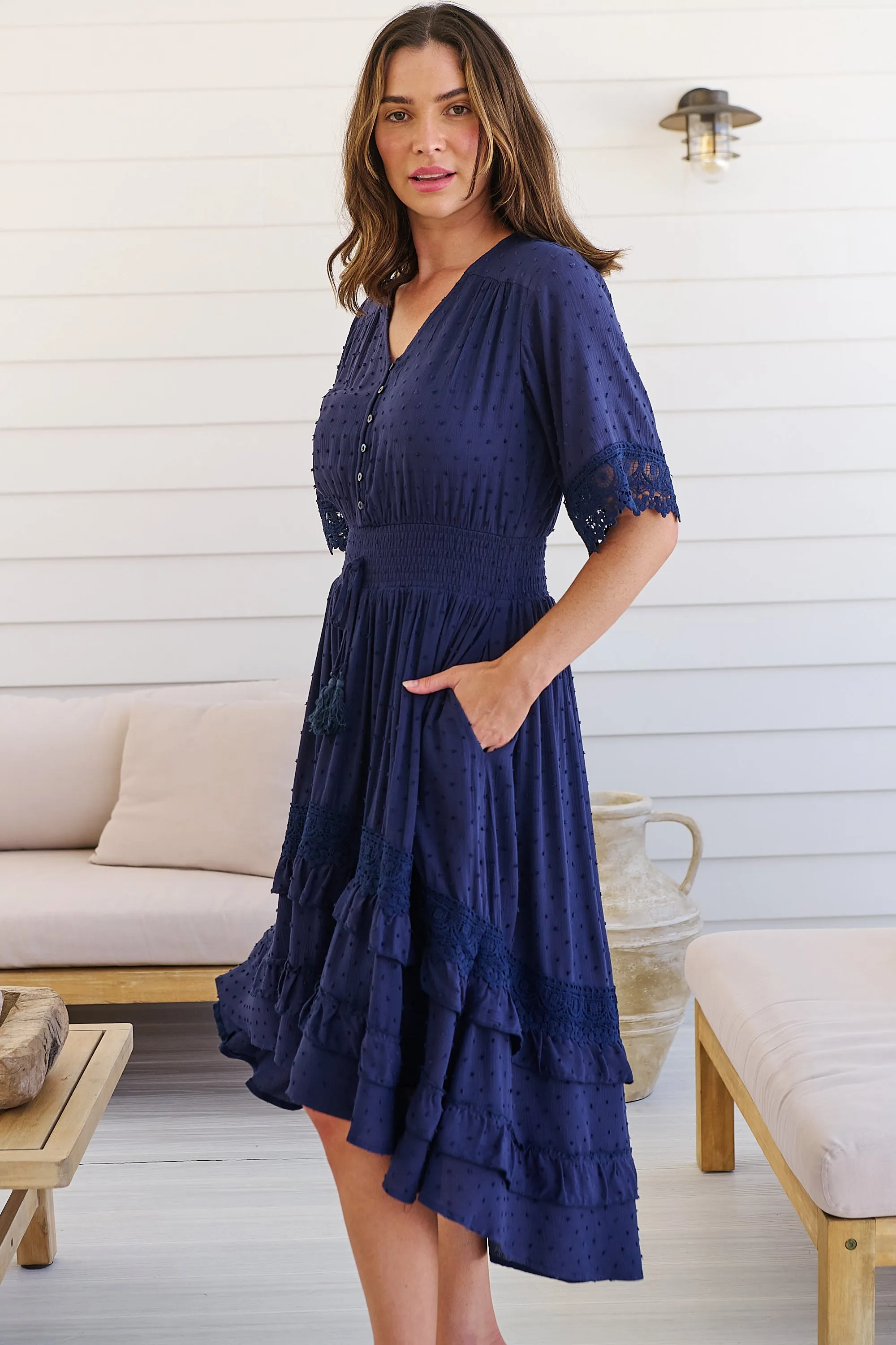 Alize Lace Detail Shirred Waist Swiss Dot Navy Midi Dress