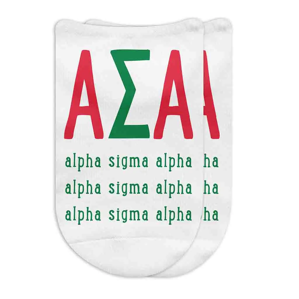 Alpha Sigma Alpha Sorority Socks with Large Greek Letters, Printed on No Show Socks