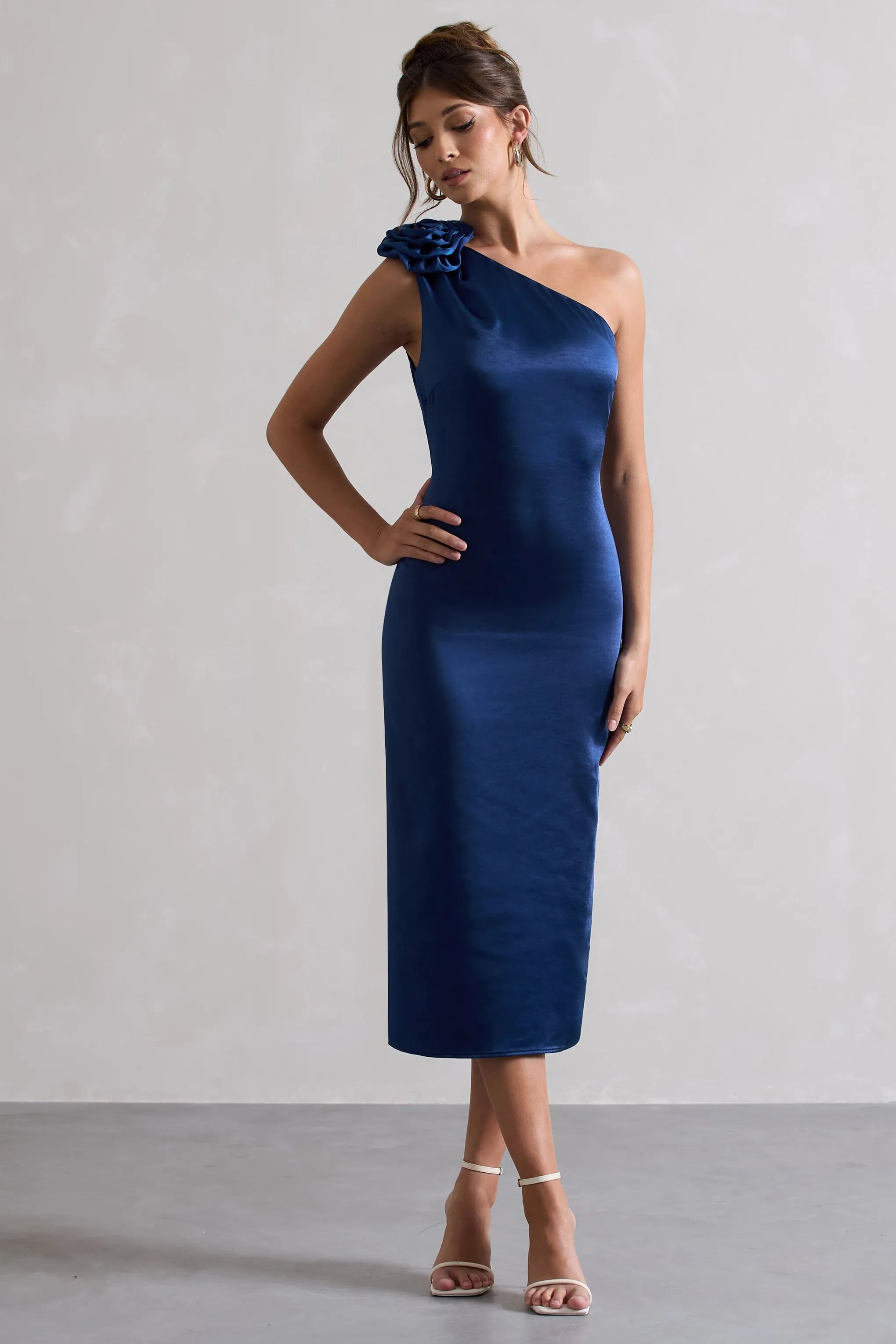 Ascot | Navy Satin One Shoulder Midi Dress With Corsage