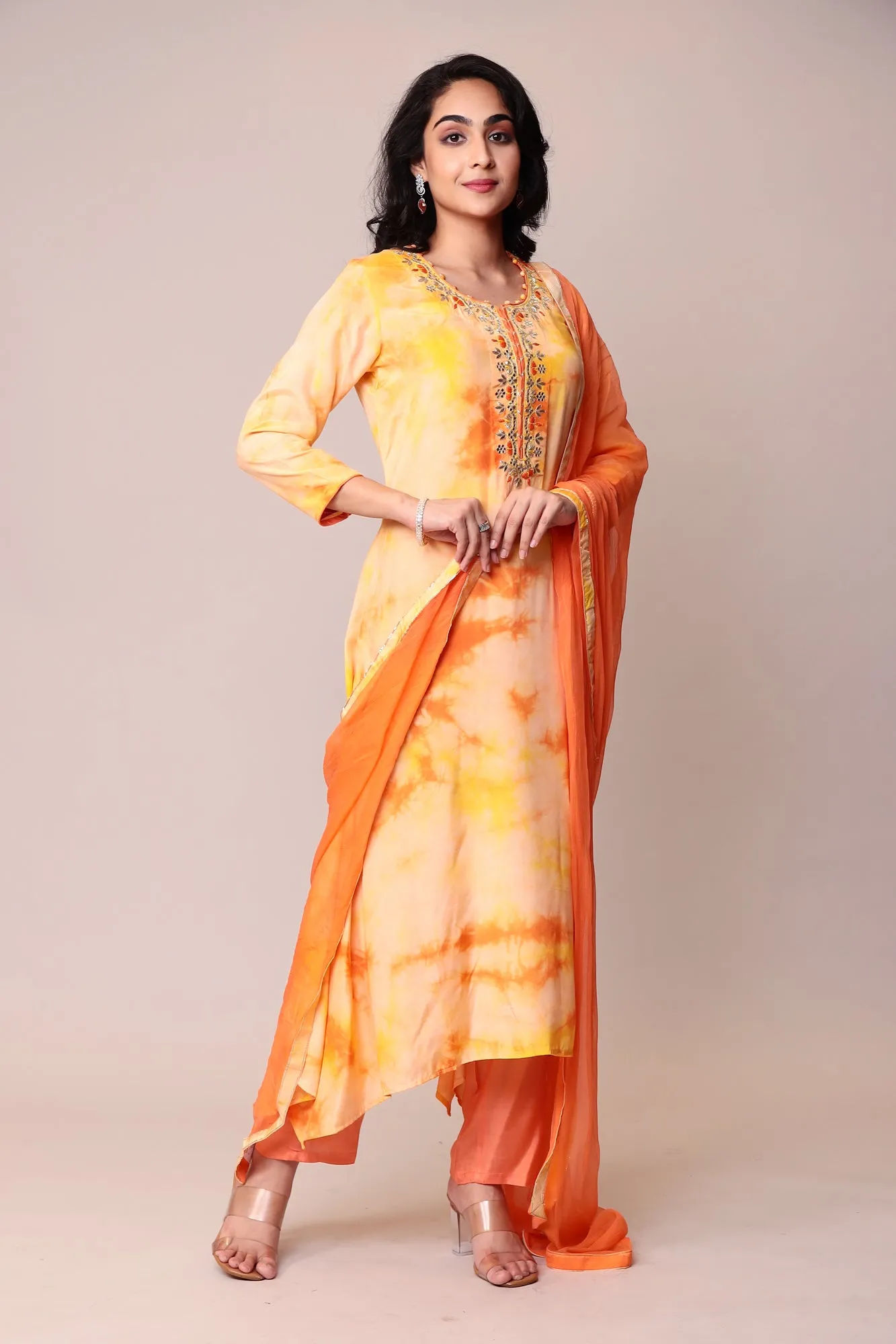 Assymetrical Cut Tie & Dye Silk Kurta Stitched (3Pc) with Gota Patti and Thread Work