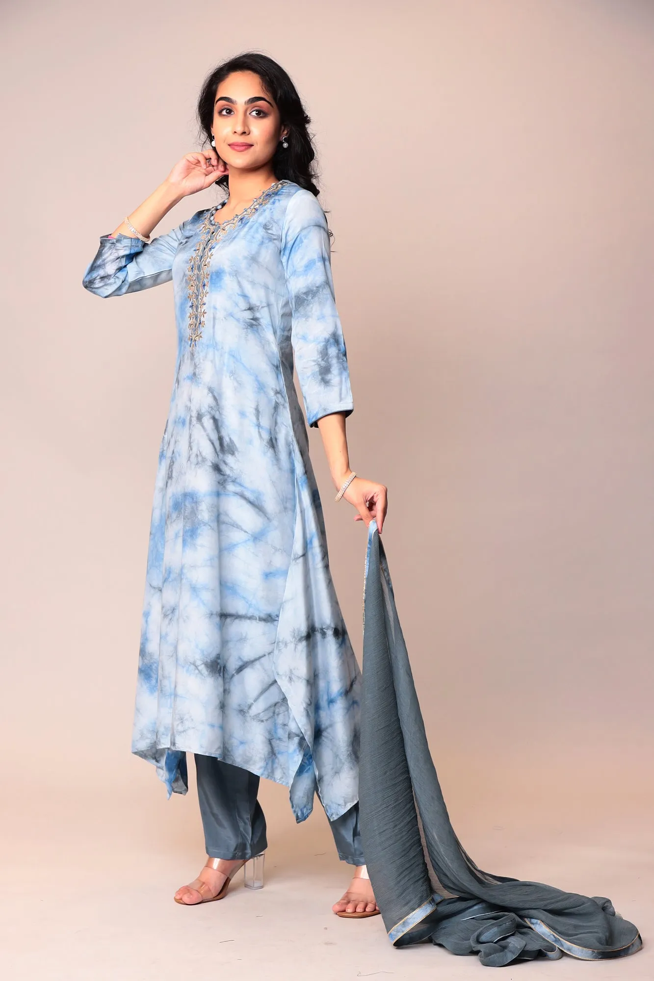 Assymetrical Cut Tie & Dye Silk Kurta Stitched (3Pc) with Gota Patti and Thread Work