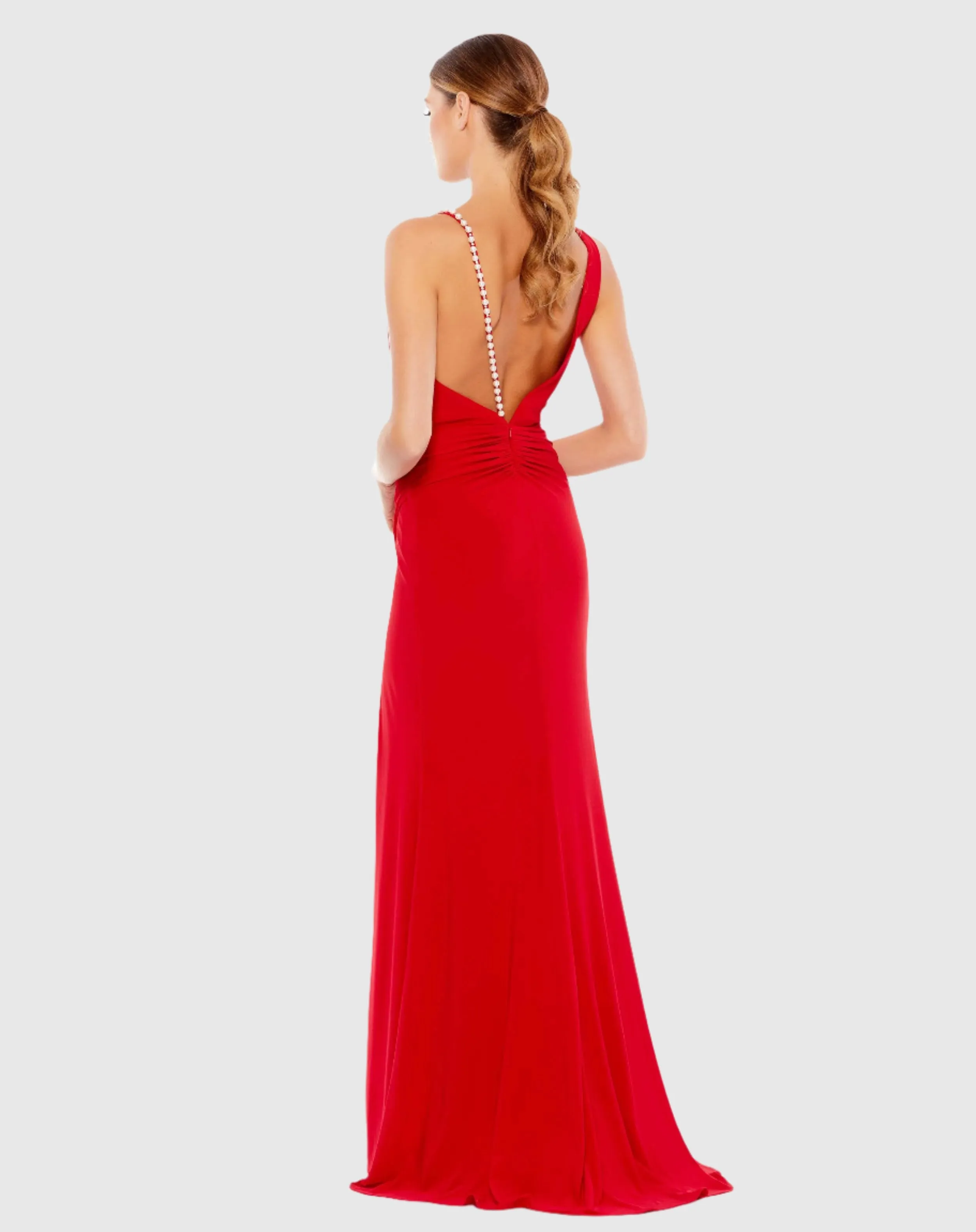 Asymmetrical Pearl Strap V-Neck Gown