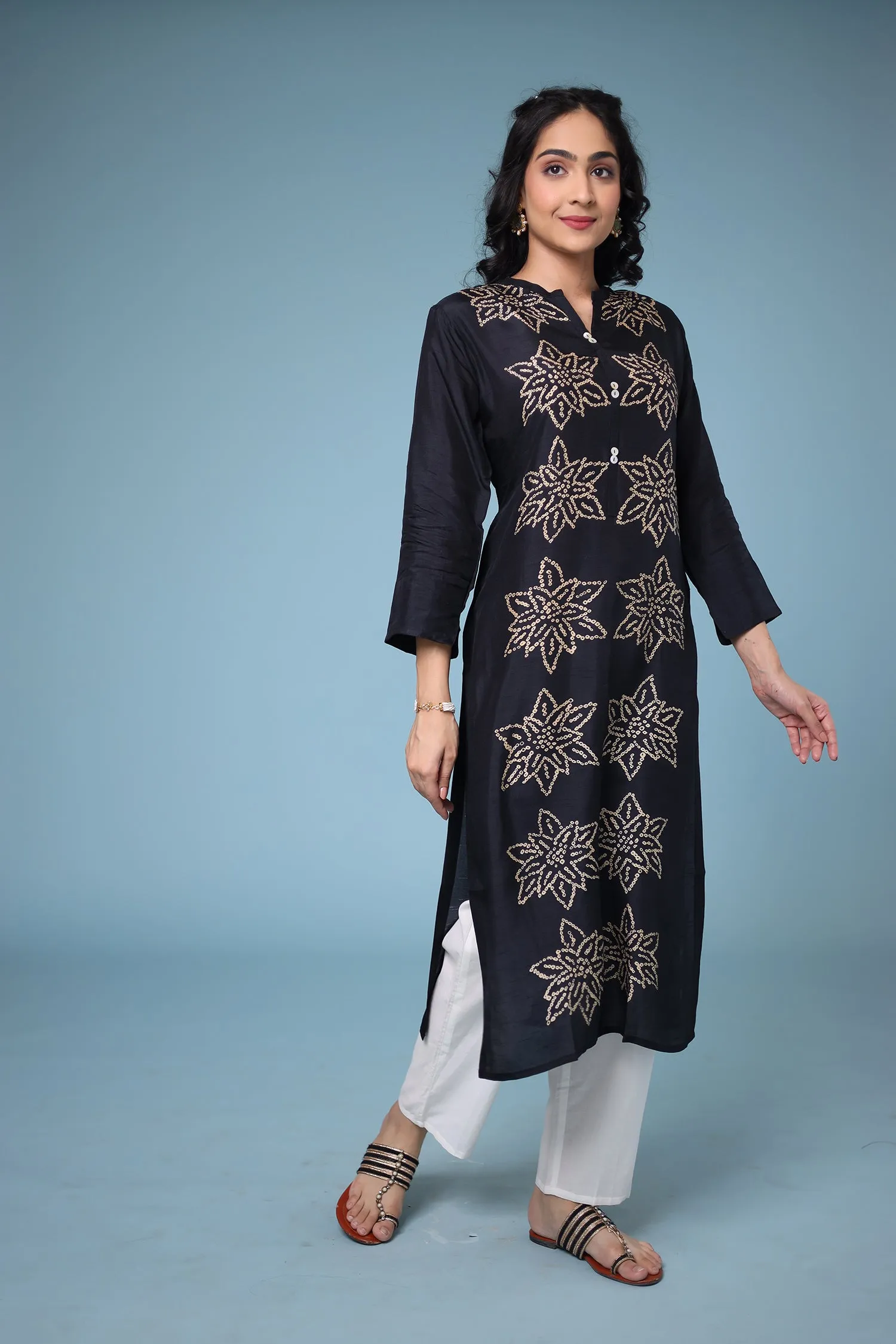 Bandhej Silk blend Straight Cut Kurta