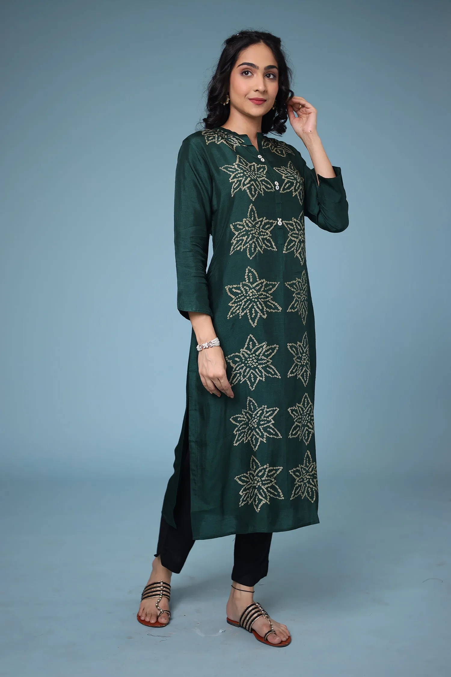 Bandhej Silk blend Straight Cut Kurta