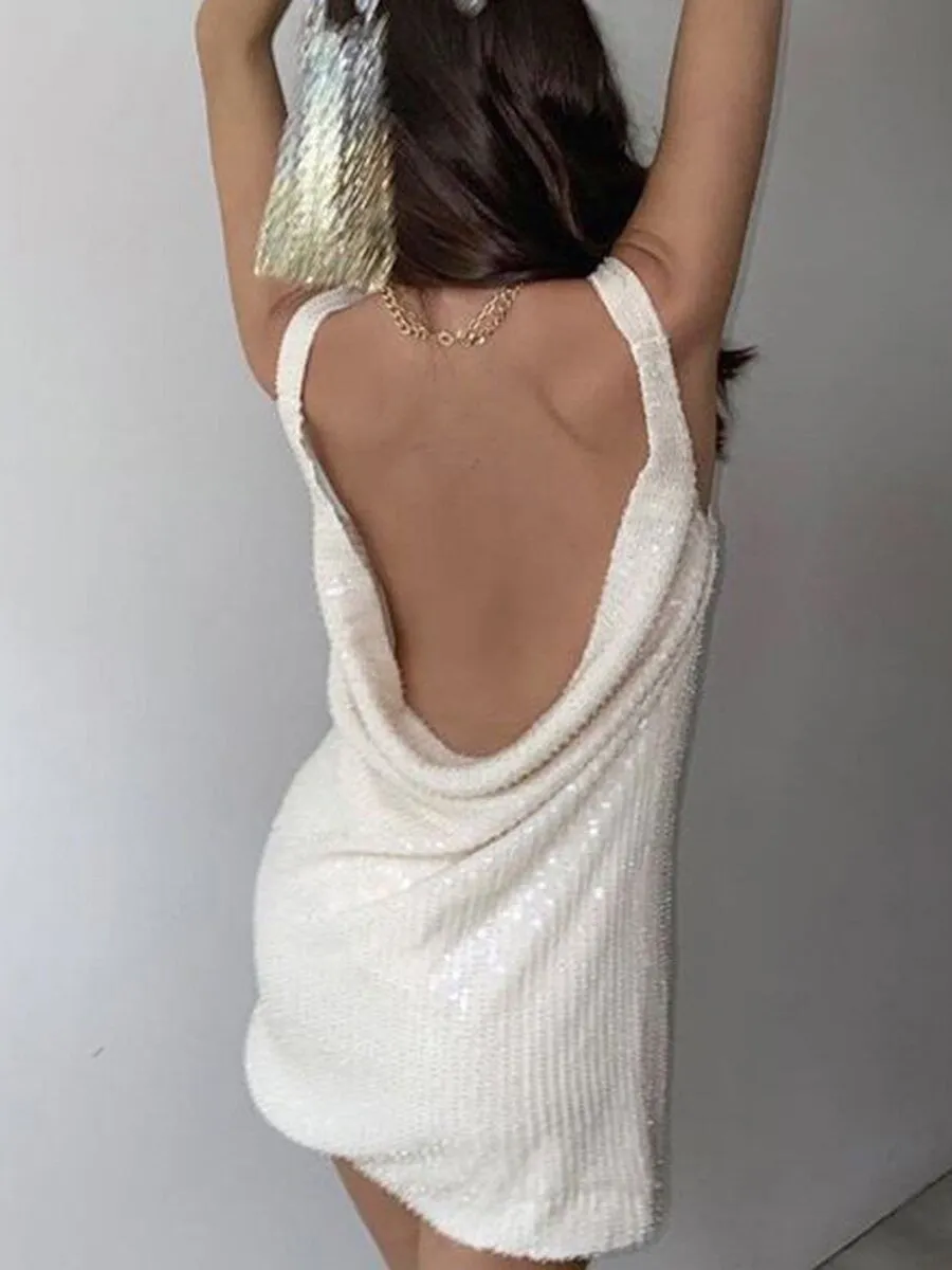 Beige Sequin Draped Neck Low Back Mini Party Dress