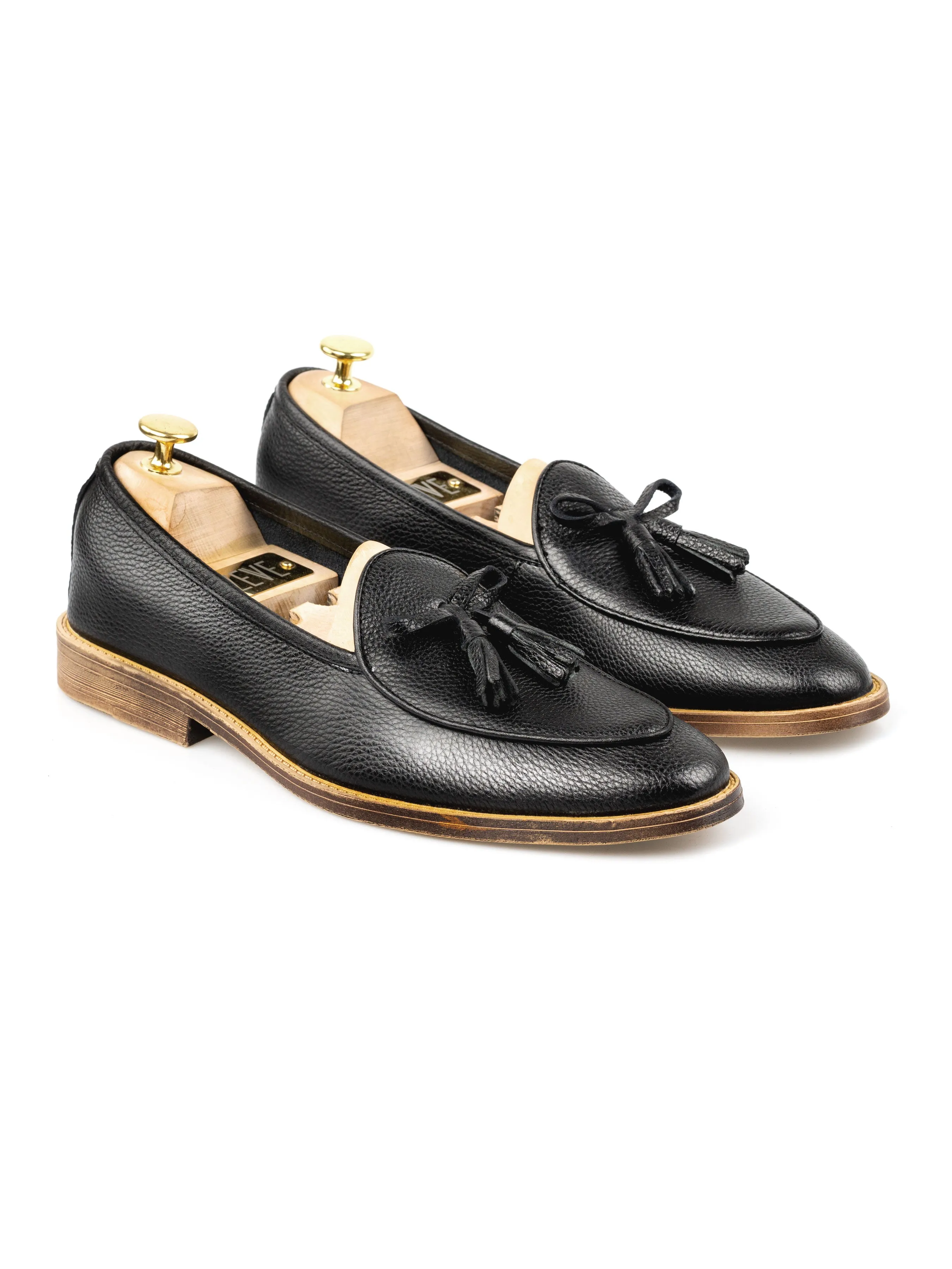 Belgian Loafer with Ribbon Tassel - Black Pebble Grain Leather (Flexi-Sole)