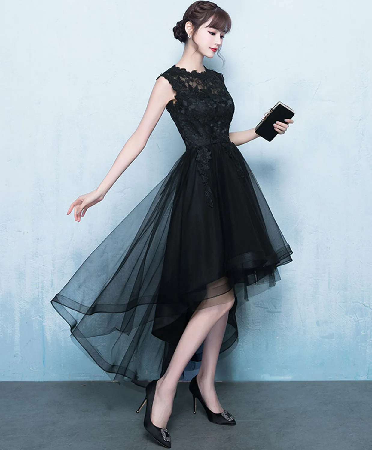 Black A-Line Tulle High Low Prom Dress, Black Homecoming Dresses