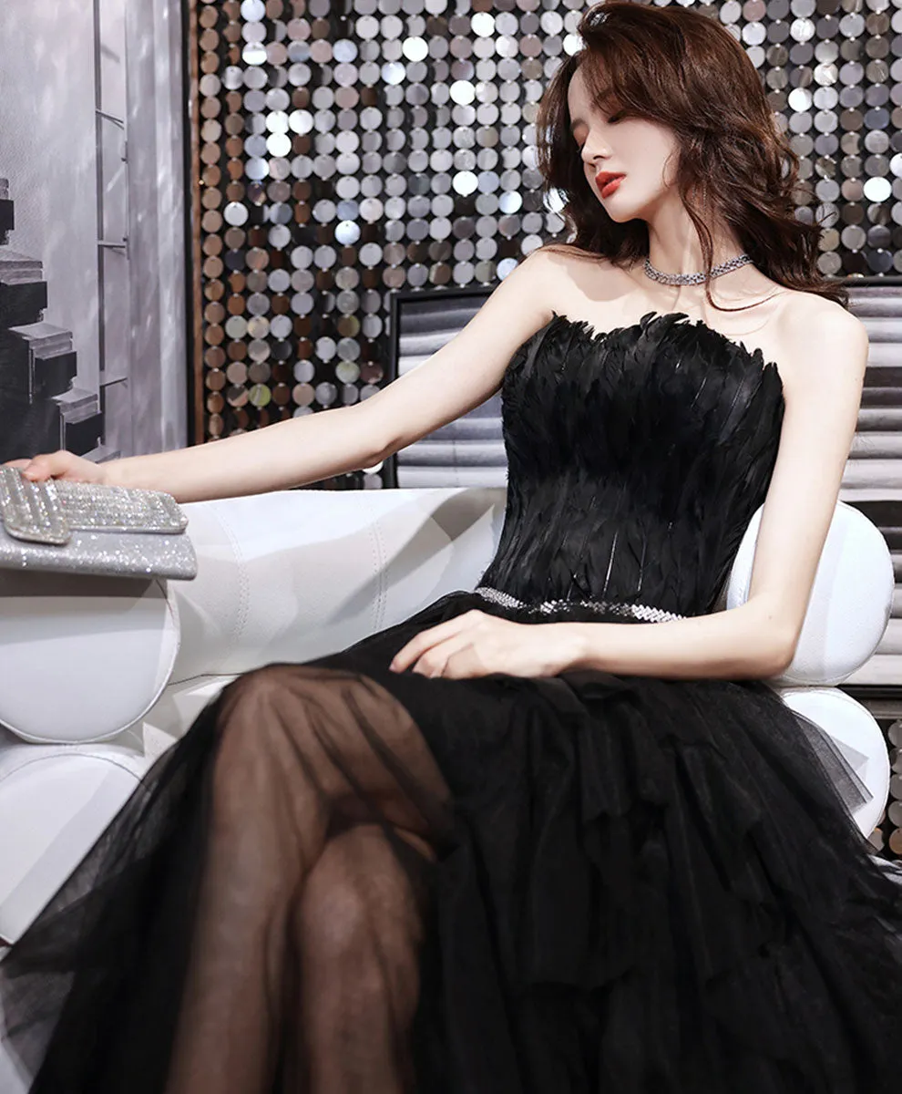 Black Aline Tulle Long Prom Dress, Black Formal Evening Dress with Feather