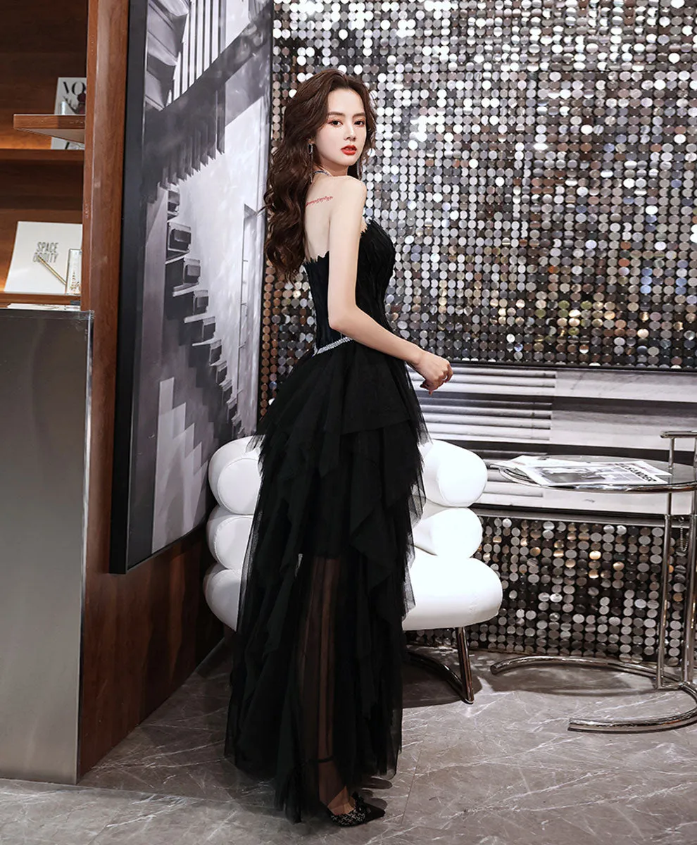 Black Aline Tulle Long Prom Dress, Black Formal Evening Dress with Feather