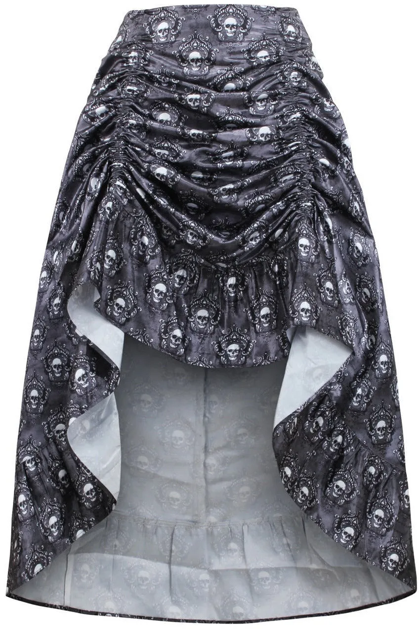 Black & White Skull Satin Adjustable High Low Skirt