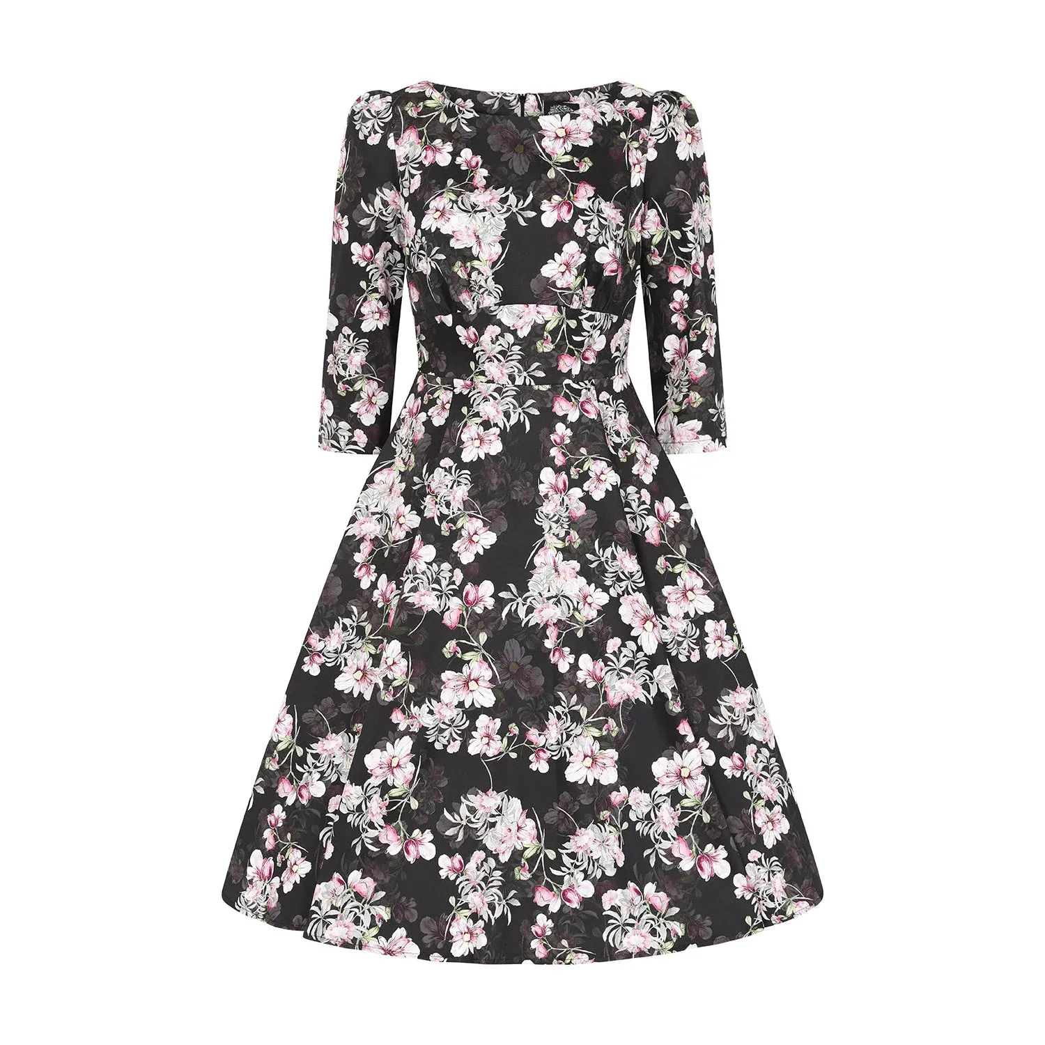 Black Pink Floral Print 50 3/4 Sleeve Swing Tea Dress With Pockets