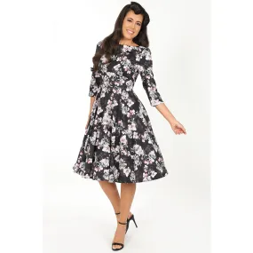 Black Pink Floral Print 50 3/4 Sleeve Swing Tea Dress With Pockets