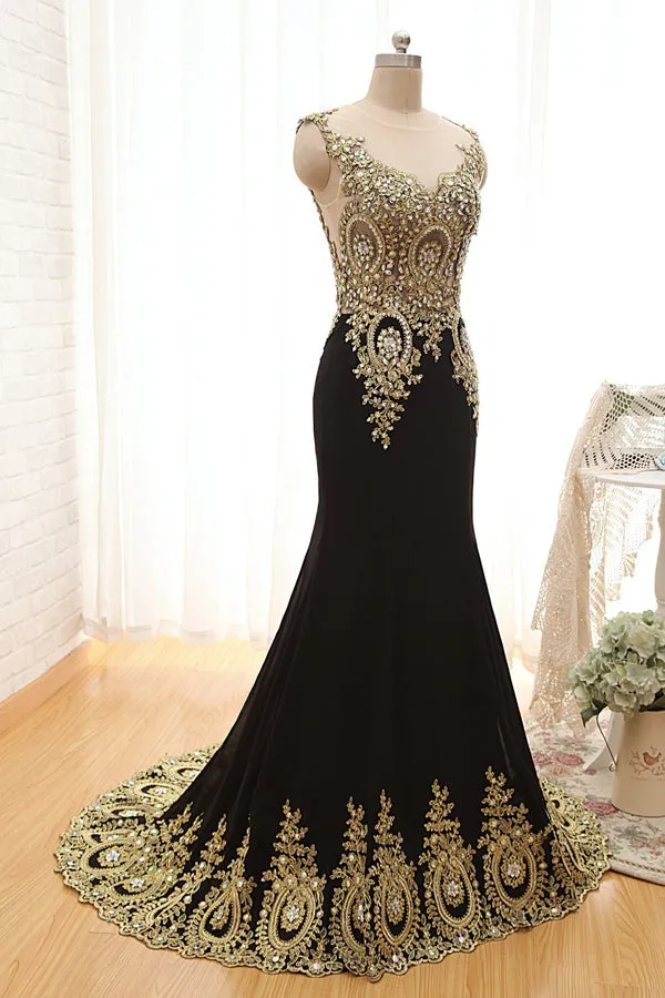 Black Trumpet Sweep Train Sheer Neck Sleeveless Peacock Embroidered Beading Prom Dresses