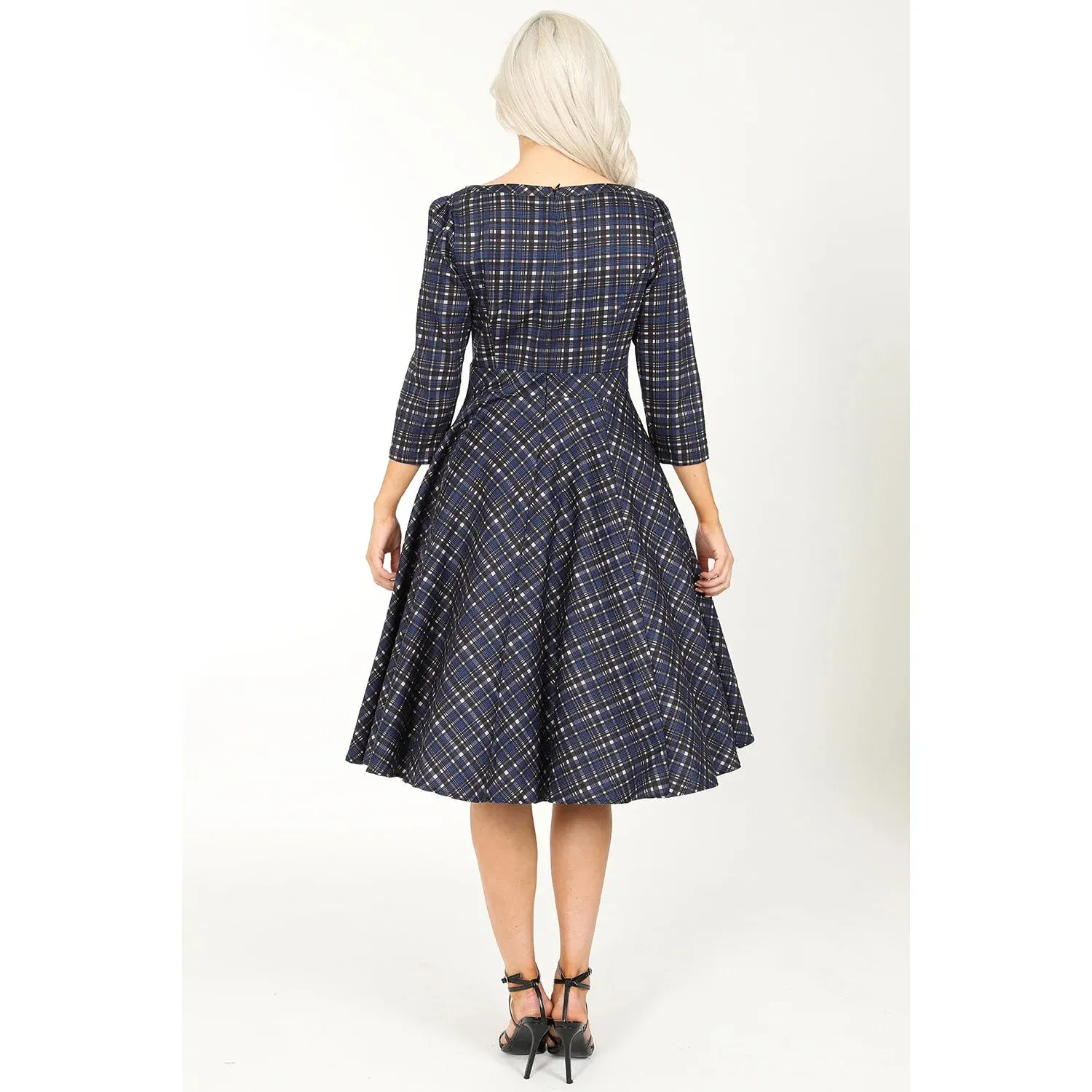 Blue Tartan Check Long Sleeve Burns Night & Rockabilly Style Swing Dress