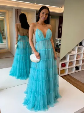 Blue v neck tulle long prom dress, blue tulle formal dress