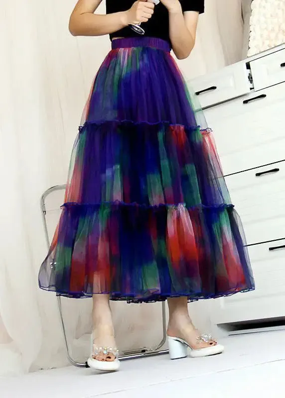 Bohemian Blue Ruffled Tie Dye Tulle Skirt Spring HA1038