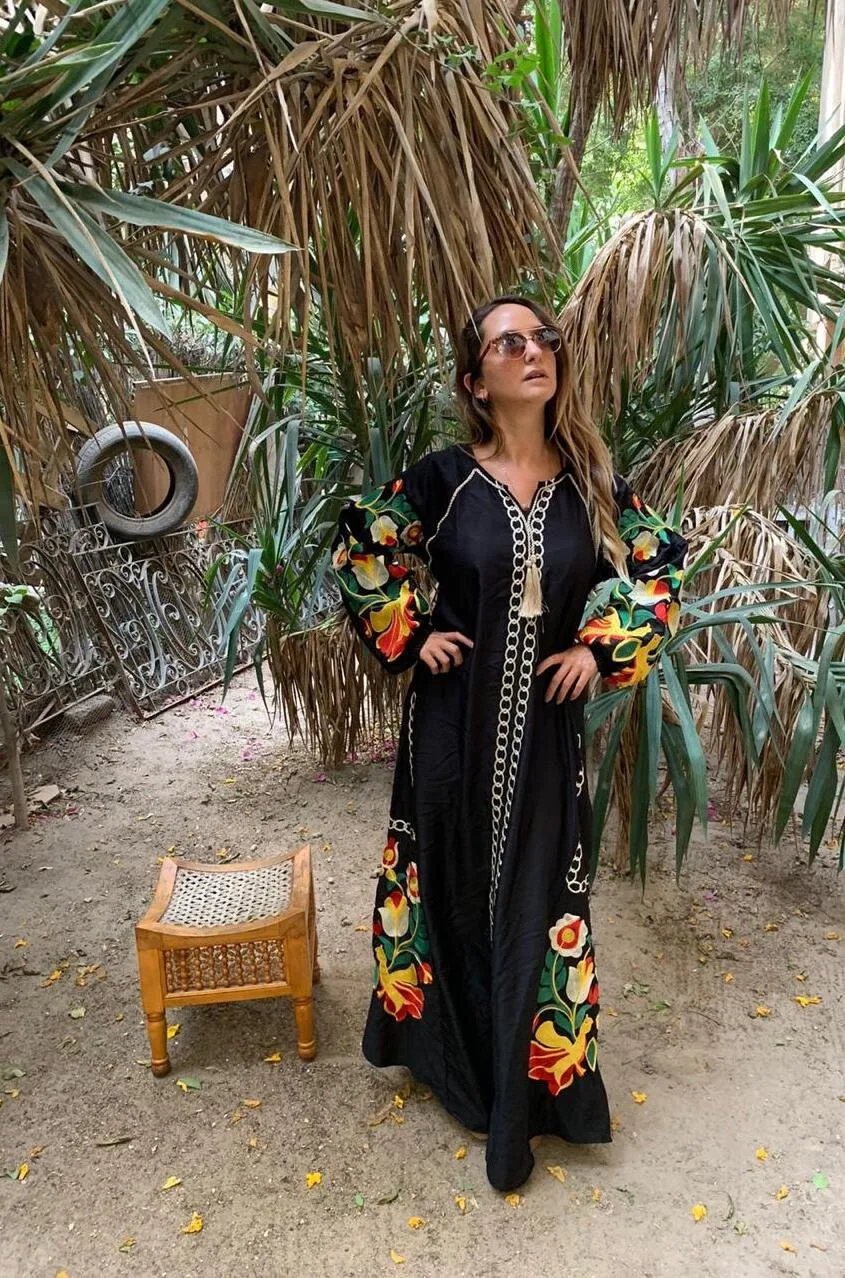 Boho black Caftan, Long sleeve Caftan dress, Colorful embroidered Caftan dress, Caftan maxi dress, Caftans for women, Caftans