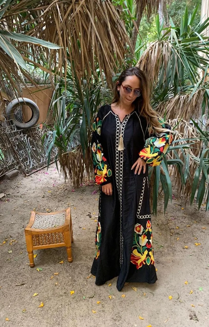 Boho black Caftan, Long sleeve Caftan dress, Colorful embroidered Caftan dress, Caftan maxi dress, Caftans for women, Caftans