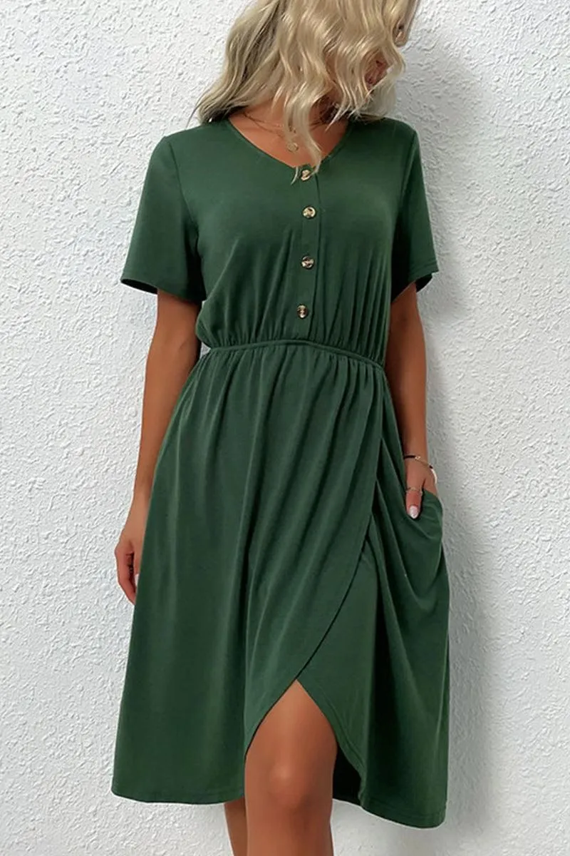 BUTTON POINT TIGHTEN WAIST SLIT DRESS